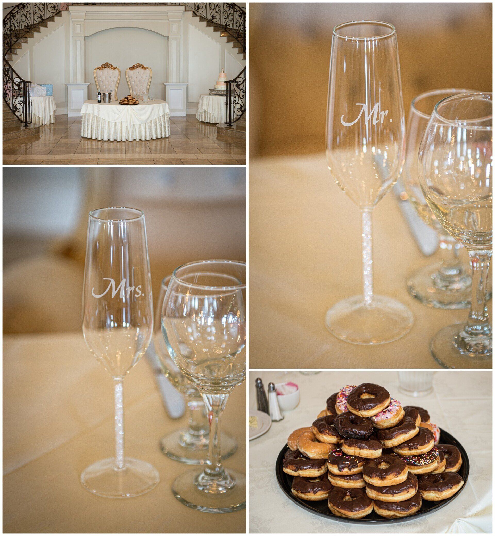 Wedding reception collage with bridal table, engraved champagne flutes, and stacked mini pancakes