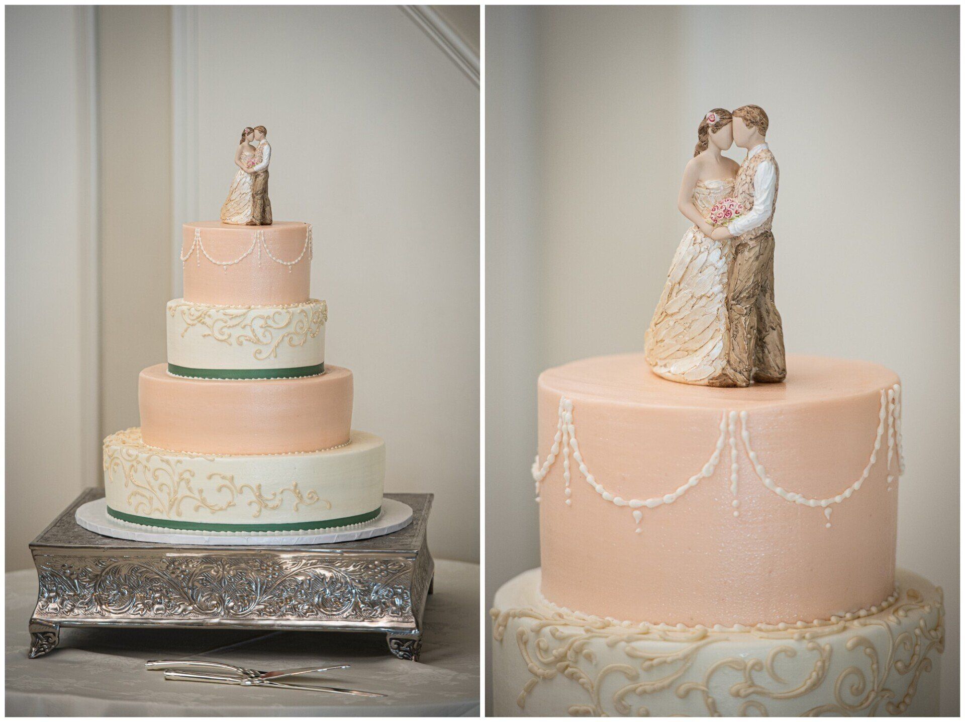 Wedding cake with two figurines on a peach, pearl-draped tiered cake stand