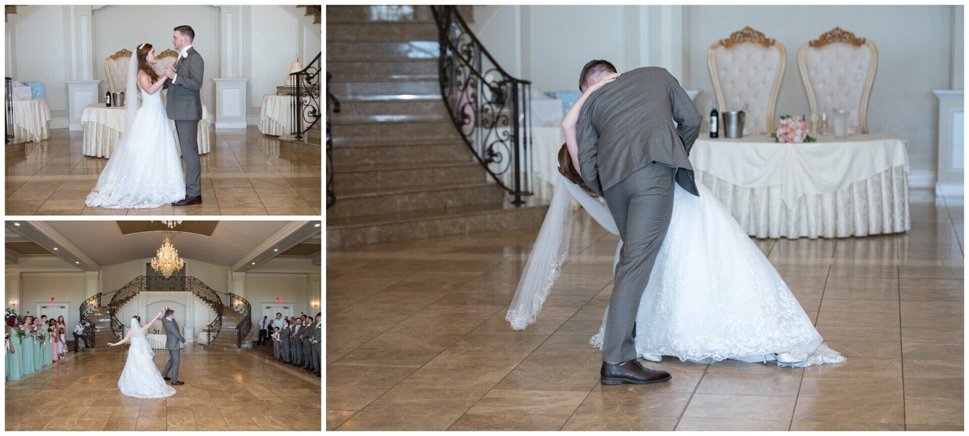 Bride and groom dance in a decorated wedding hall, with collage views of the reception venue.