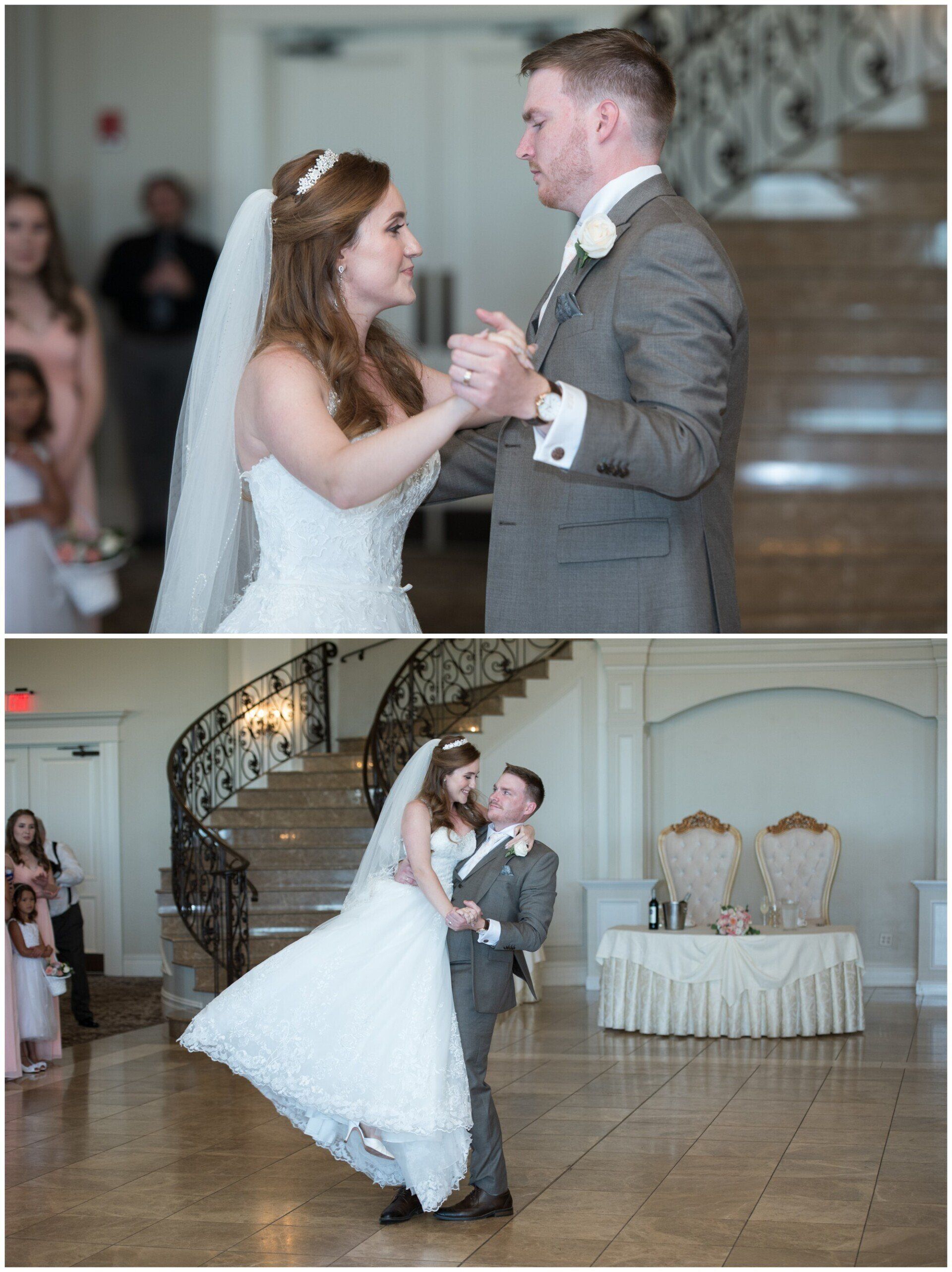 Bride and groom dancing in a bright wedding hall, bride in white gown and veil, groom in gray suit