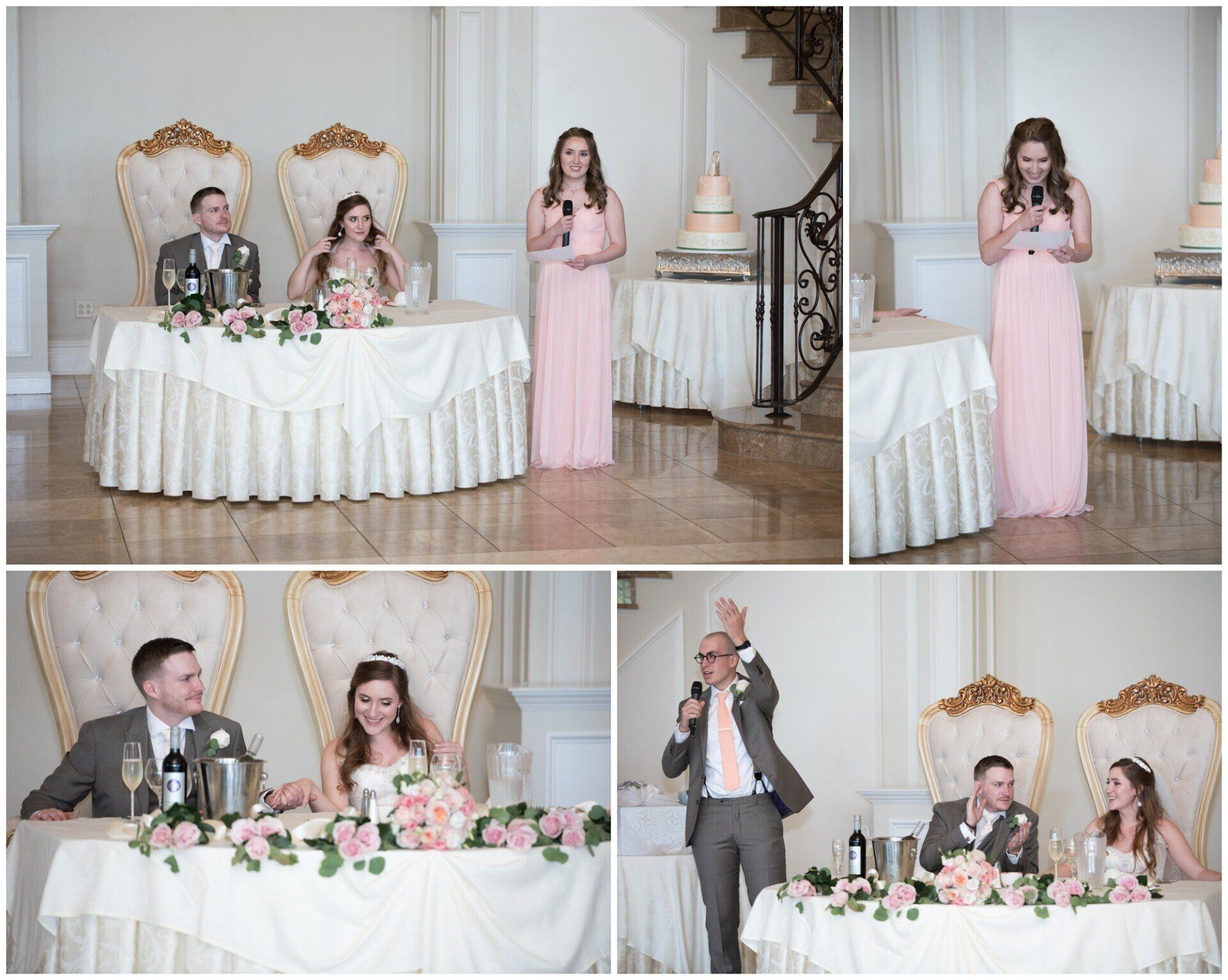 Wedding reception collage with bride and groom at a pink-and-gold head table, speech and cake-cutting moments