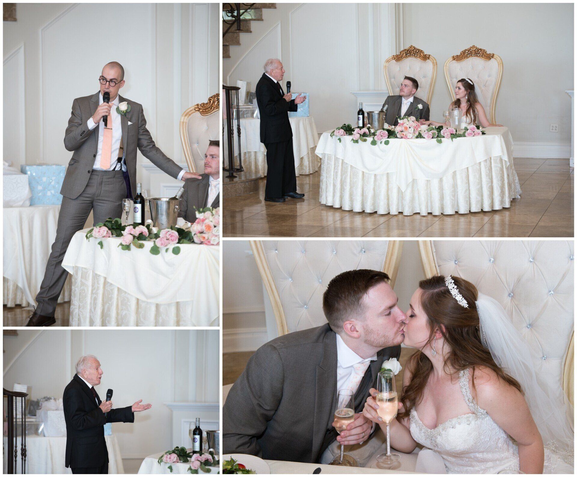 Wedding collage: groom speeches and couple kissing at a decorated reception table