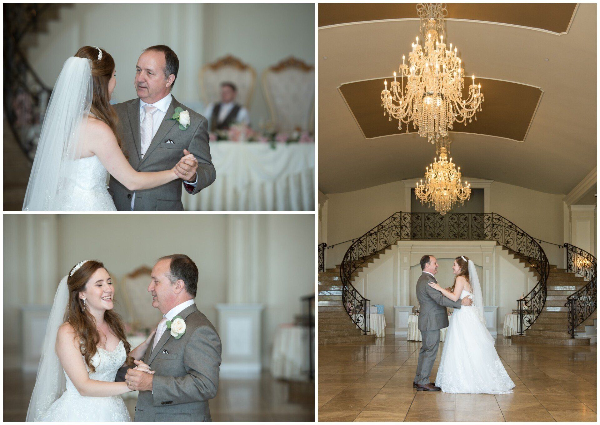 Wedding couple dancing in a grand ballroom, with chandelier and ceremony arch in the background