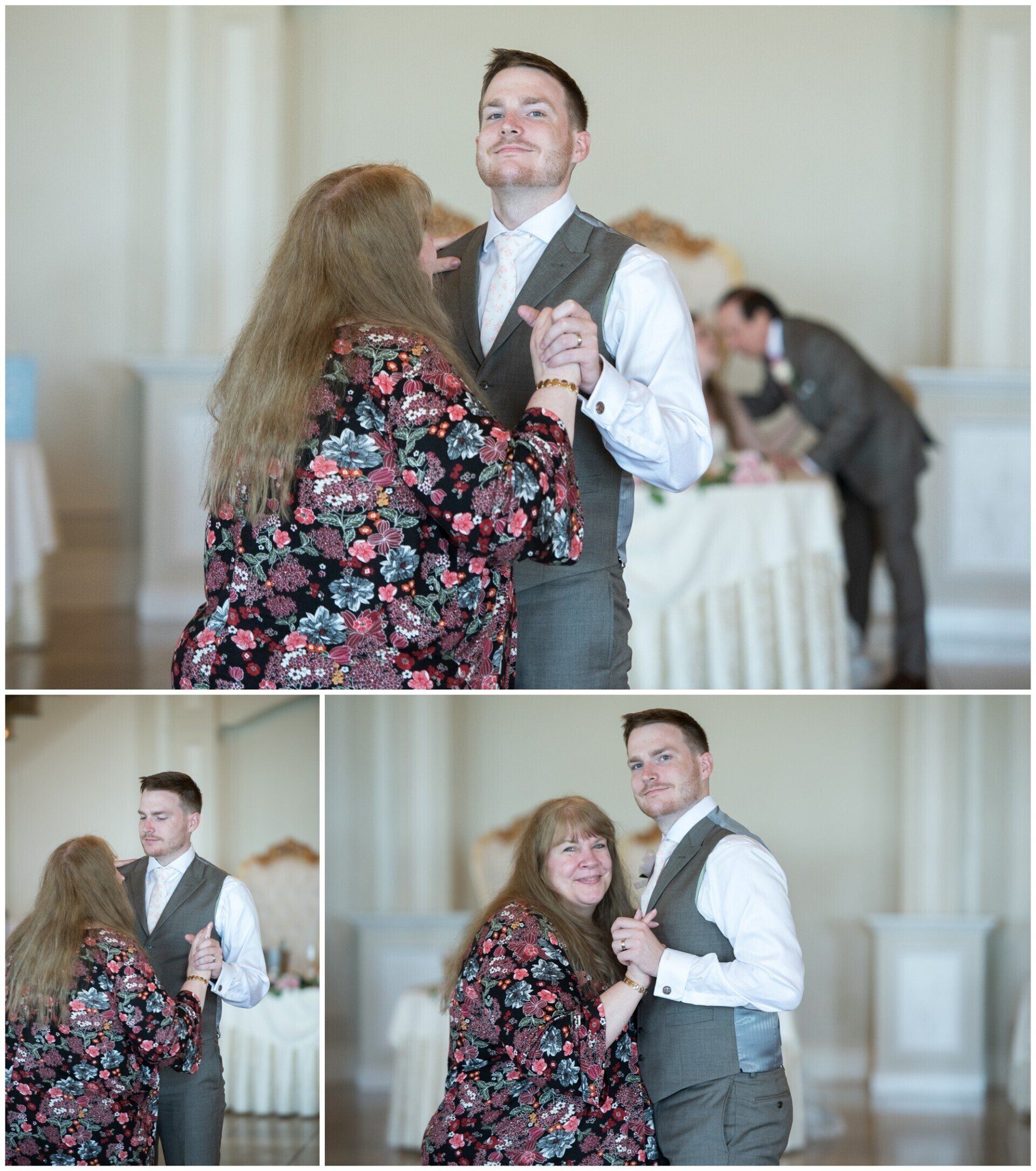Couple dancing at a formal indoor event, with a collage of three dance floor moments.