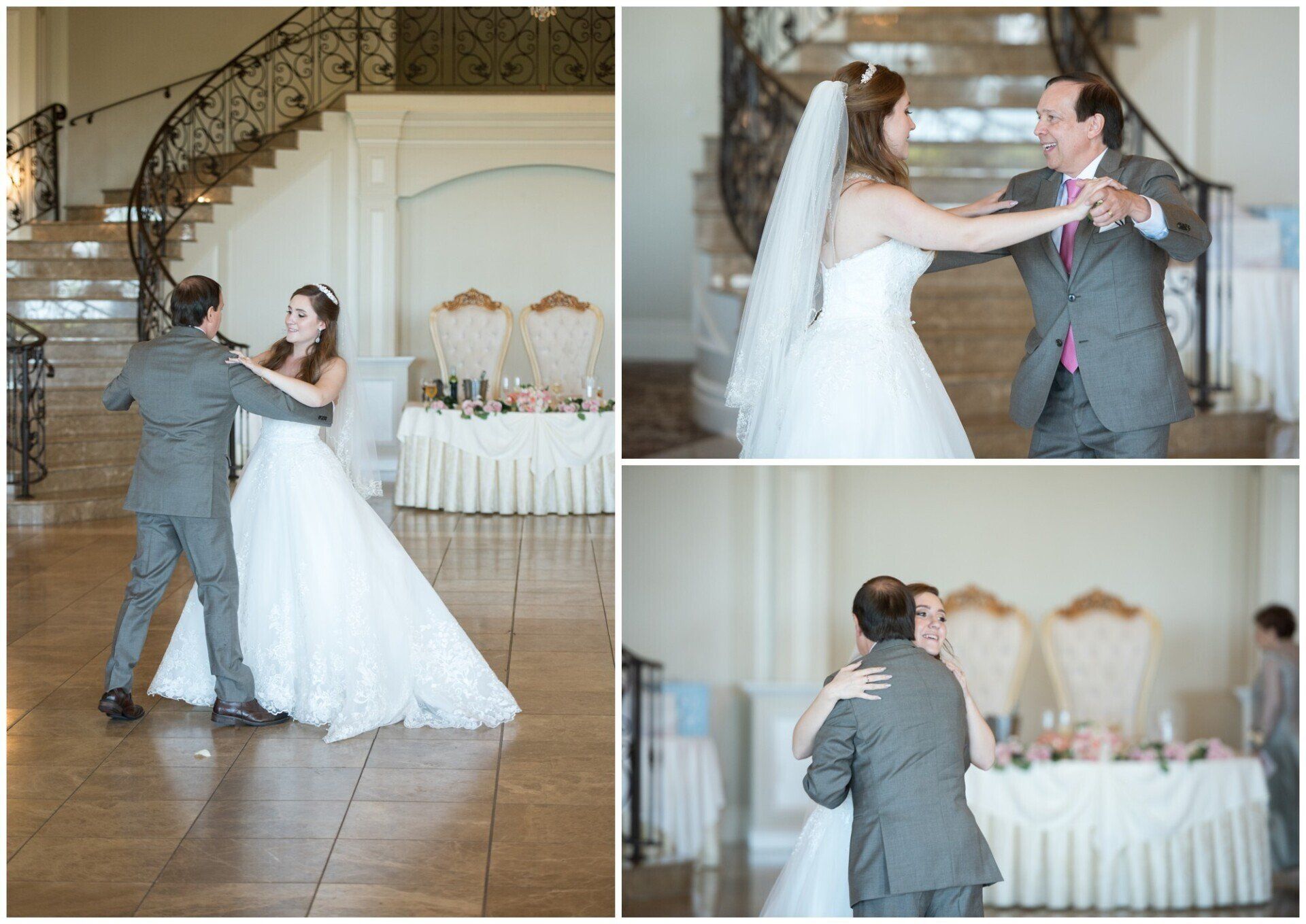 Bride and groom dancing and embracing in a wedding reception hall, with a staircase and decorated tables nearby