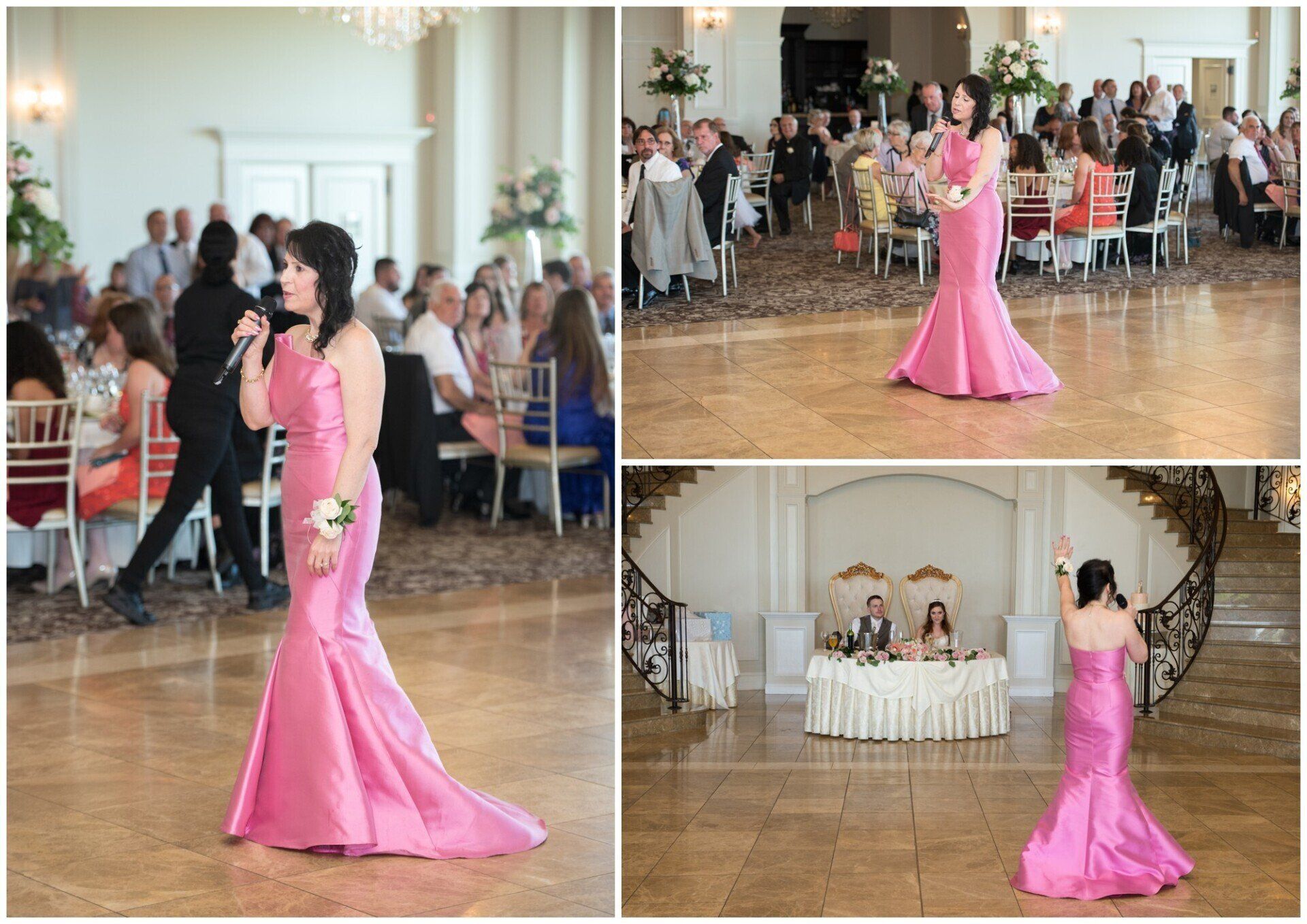 Woman in a pink gown posing in a ballroom during a formal event, with guests seated nearby.