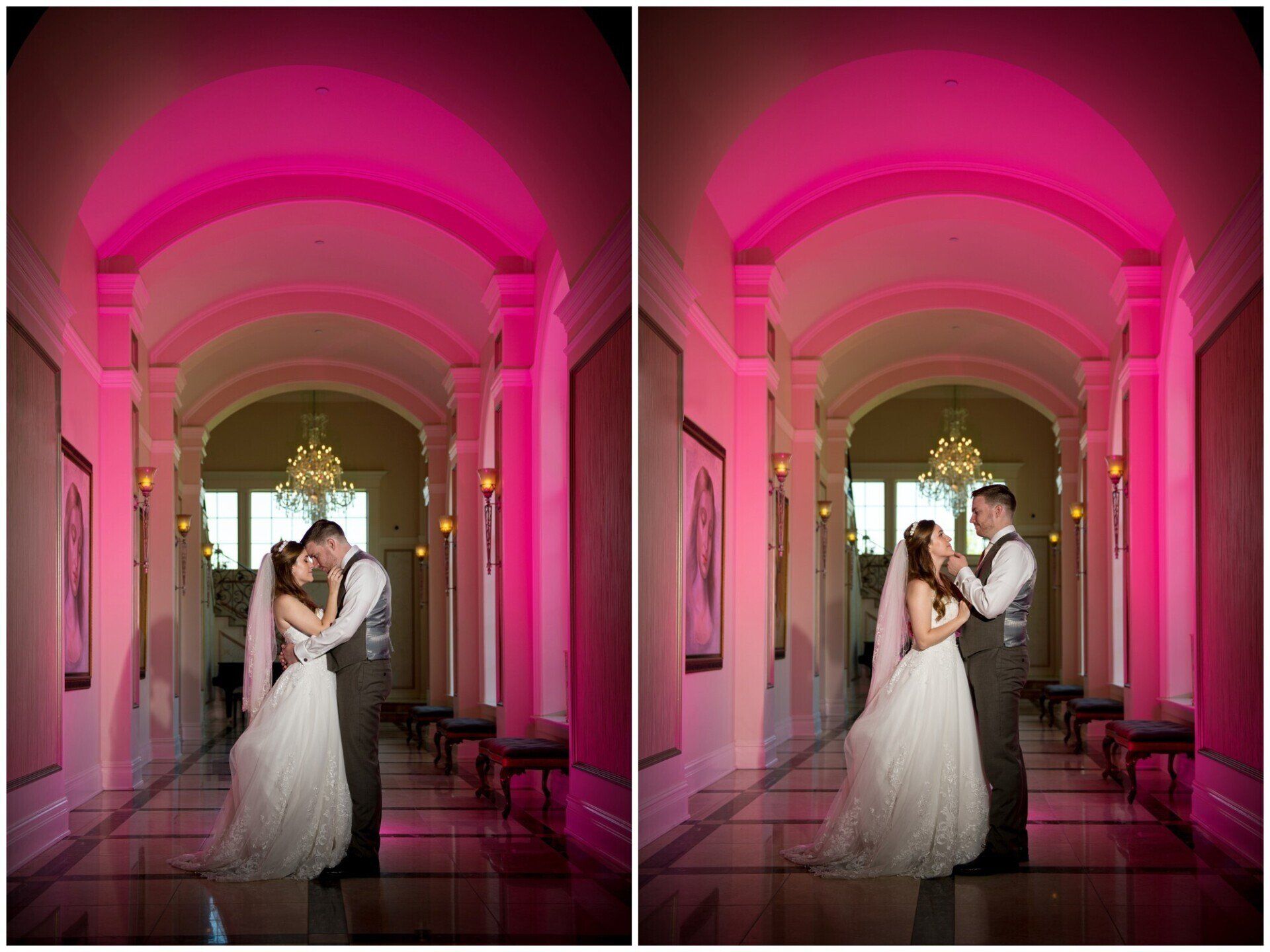 Bride and groom dancing in a pink-lit arched hallway