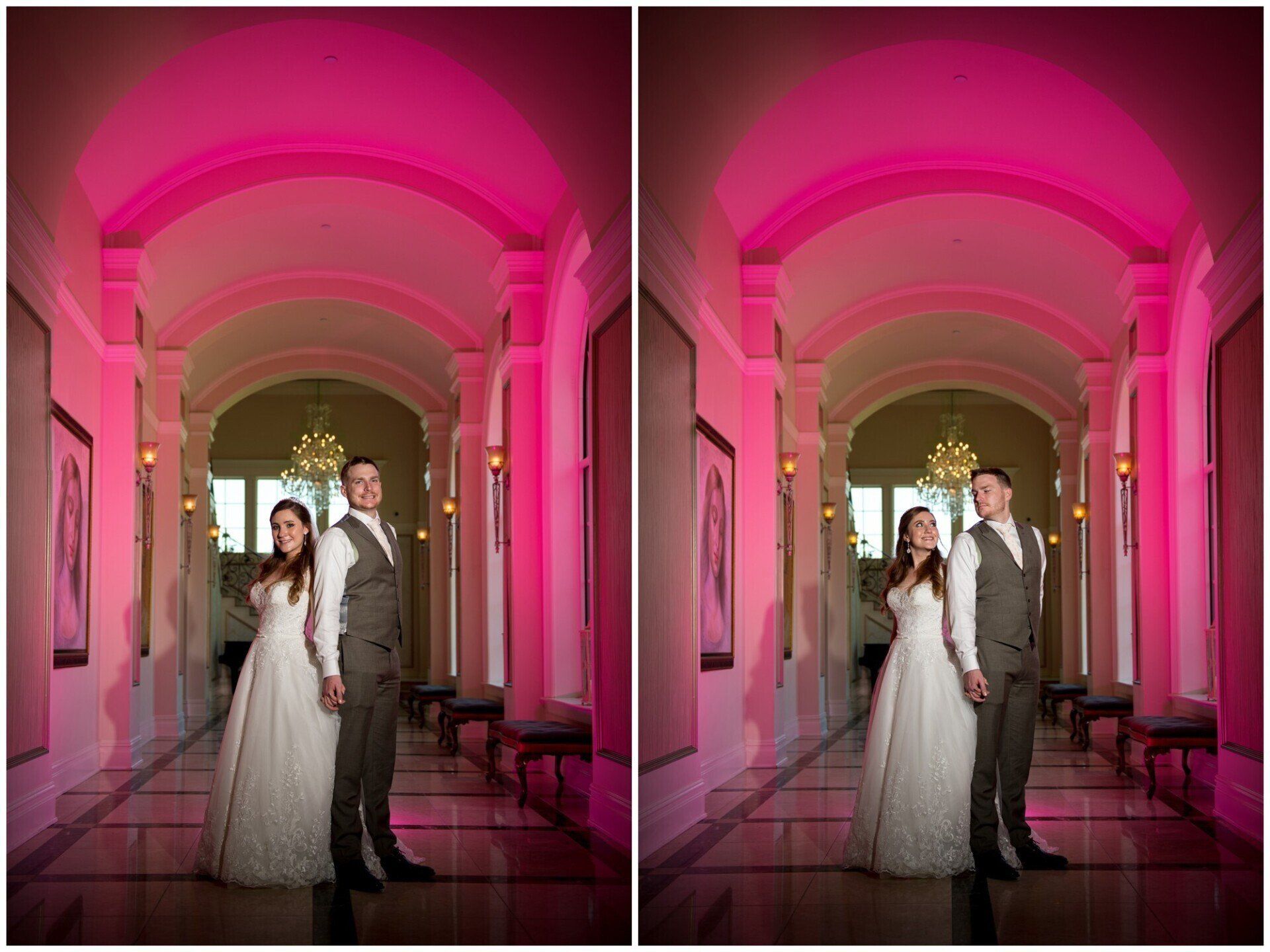 Wedding couple in a pink-lit arched hallway, standing side by side in formal attire