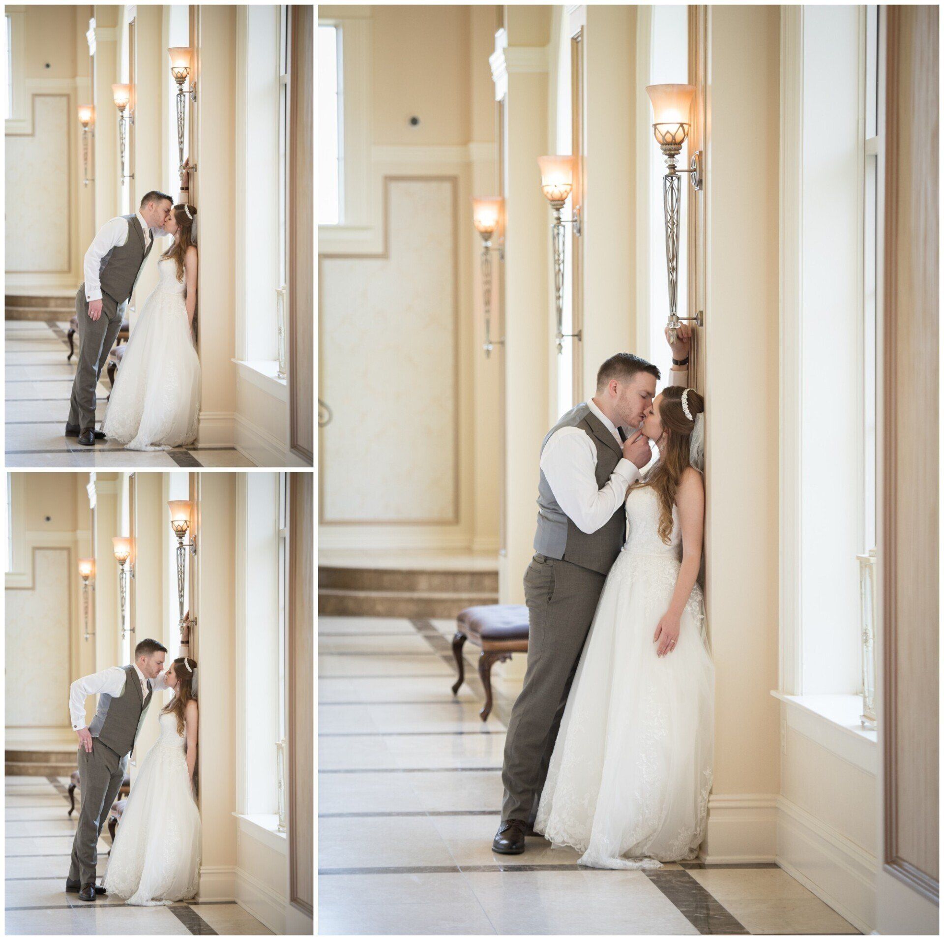 Bride and groom kissing in a bright hallway, shown in a three-panel collage.