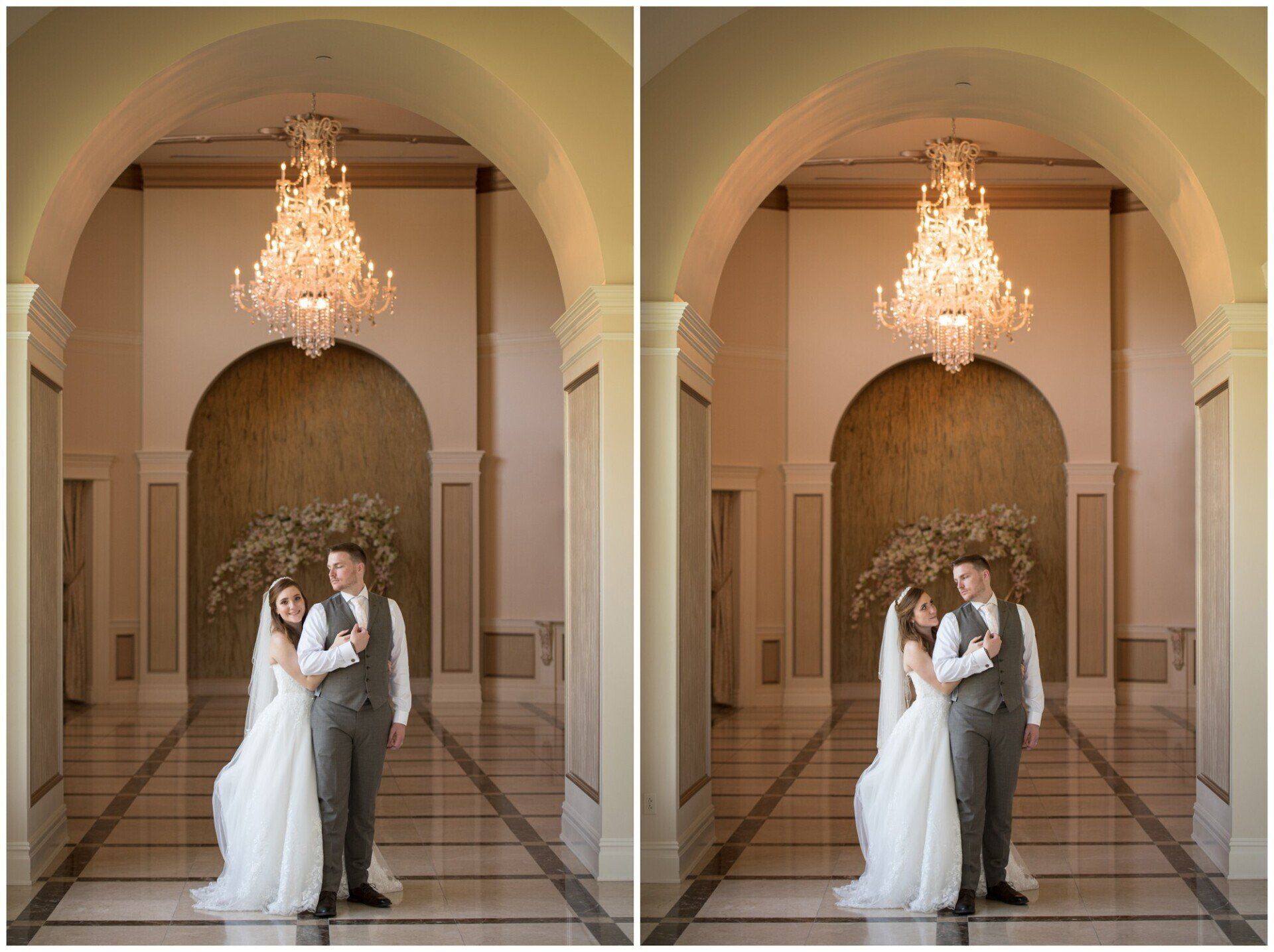 Bride and groom pose under a chandelier in an arched hall, shown in a side-by-side duplicated image.