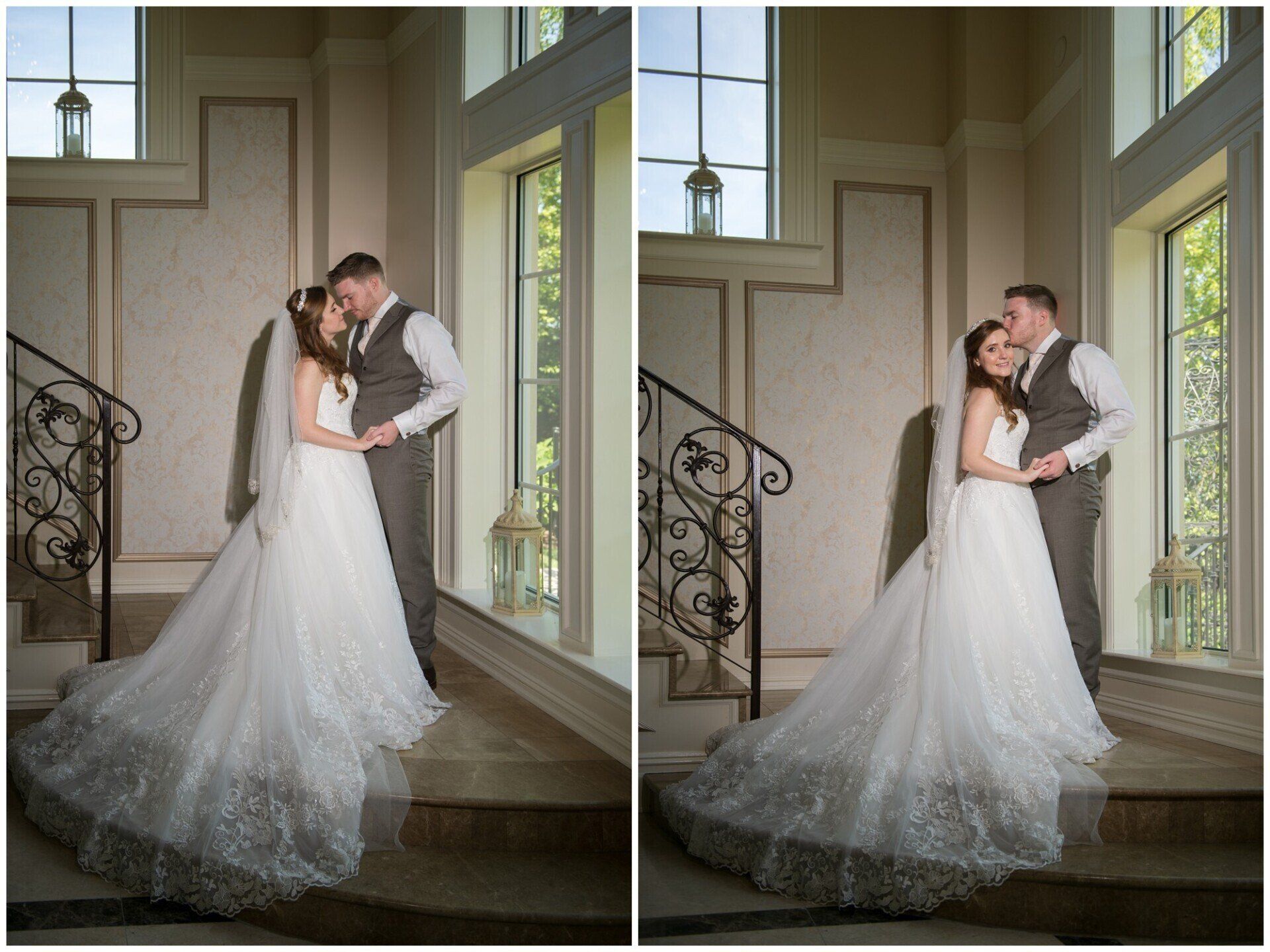 Wedding couple embracing on a staircase beside tall windows, in a split two-photo layout