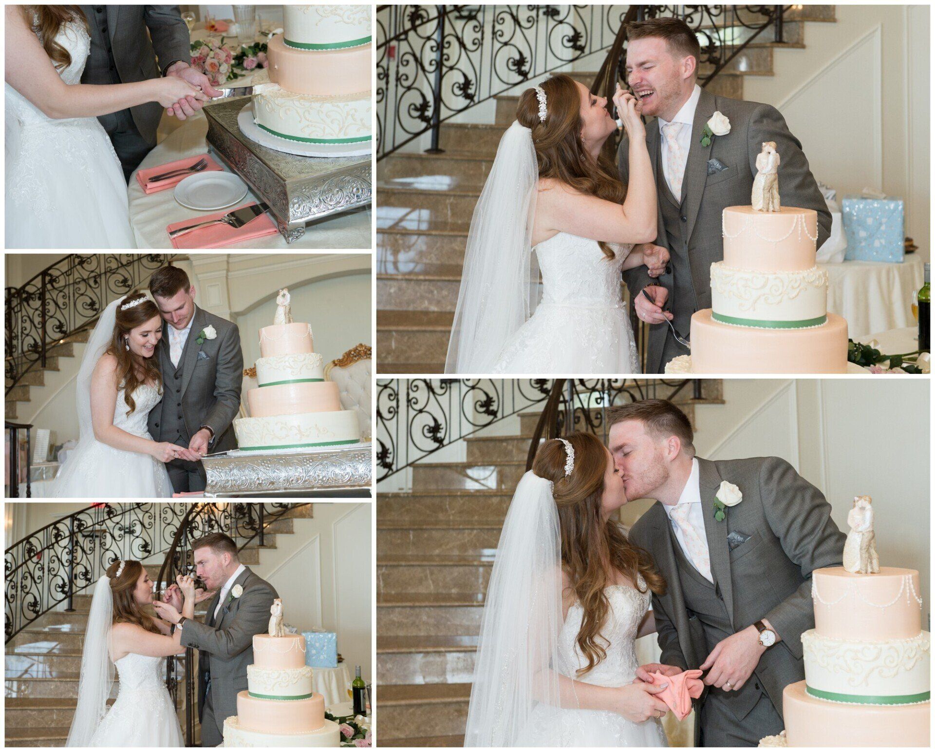 Bride and groom cut and kiss beside a pastel wedding cake at a reception collage