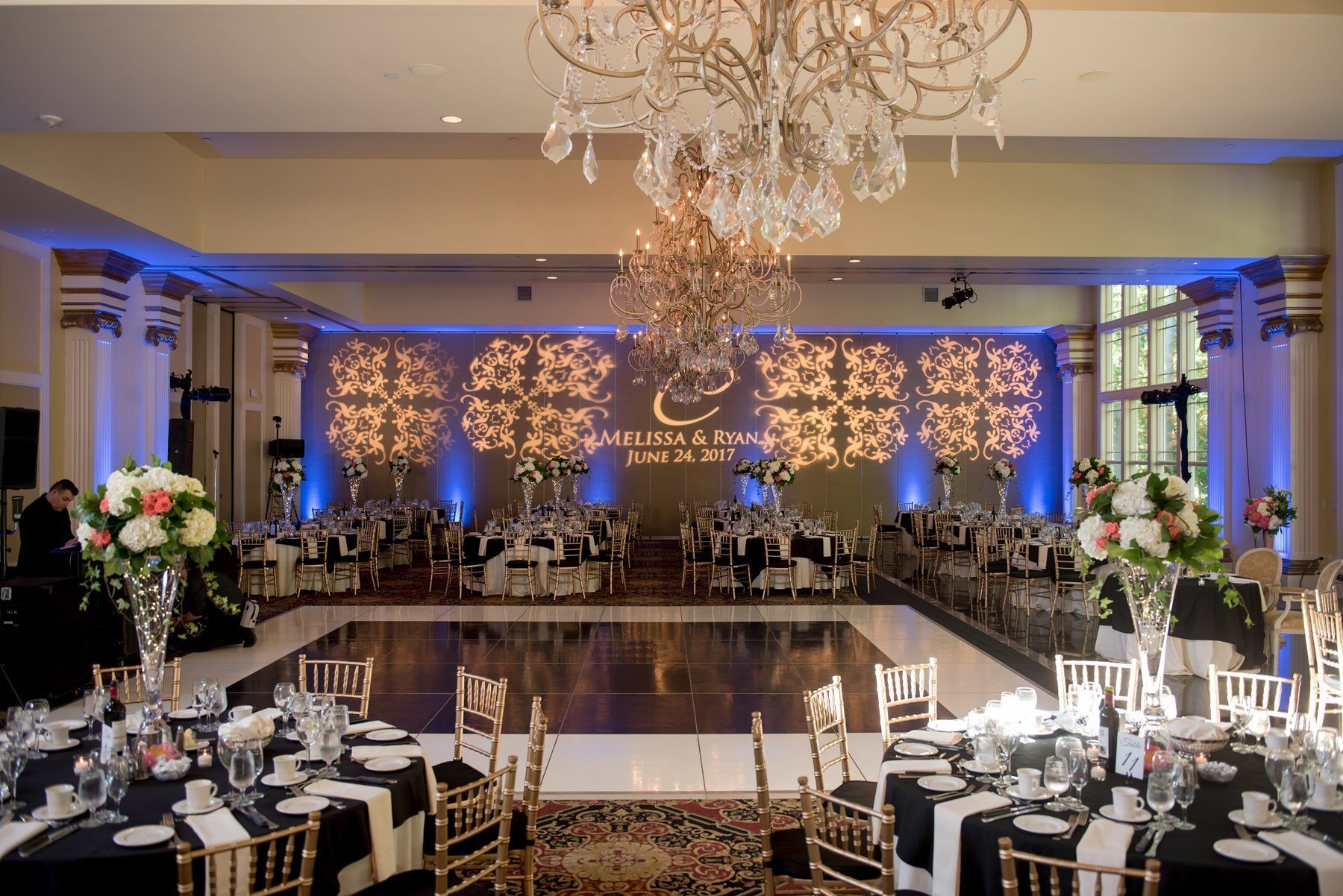 Elegant banquet hall with round tables, chandeliers, and a lit dance floor, set for a formal event