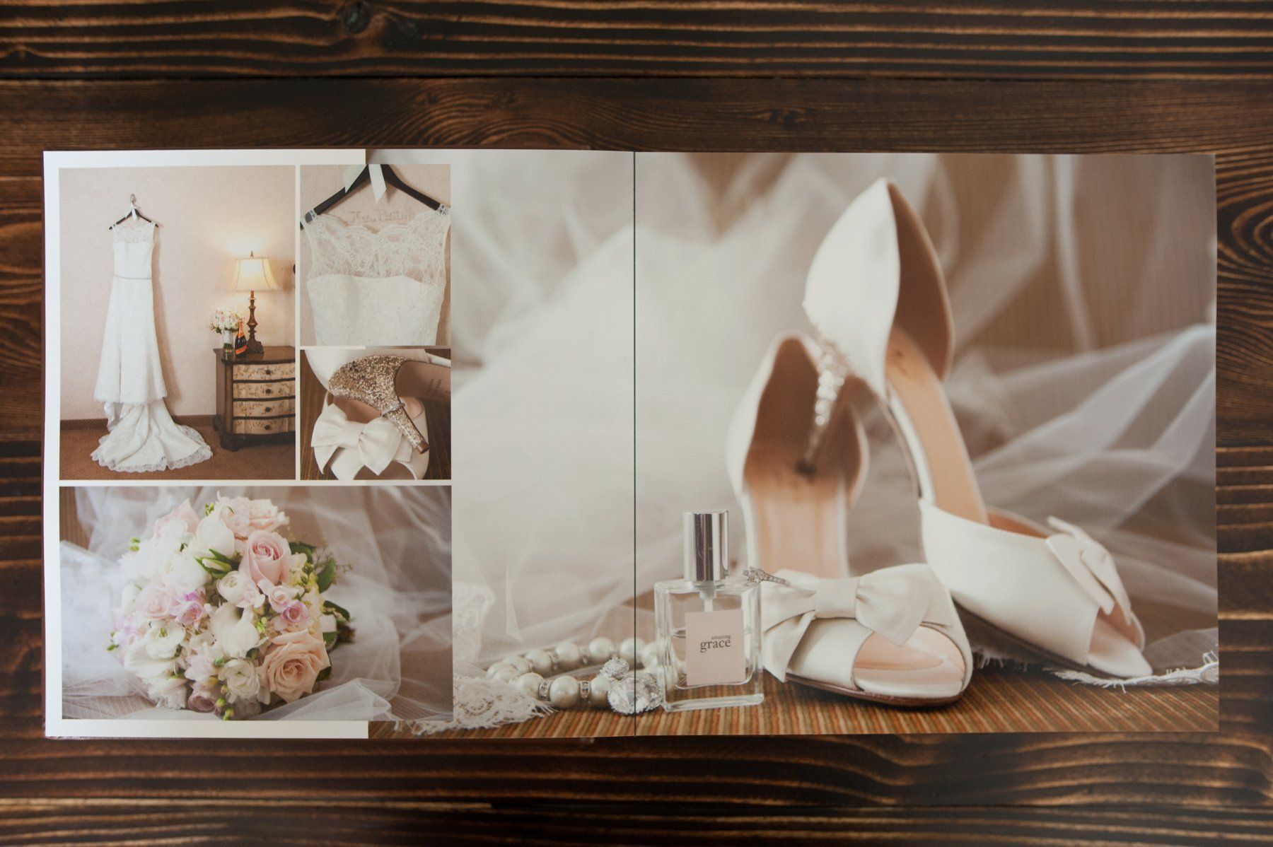Wedding photo collage with bridal dress, bouquet, and white heels on a wooden table