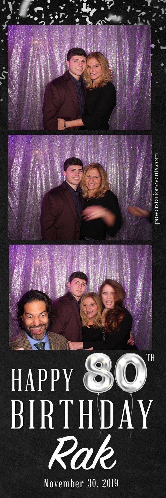 Three photo booth shots of two people before a purple curtain, with “Happy 60th Birthday Rak” text.