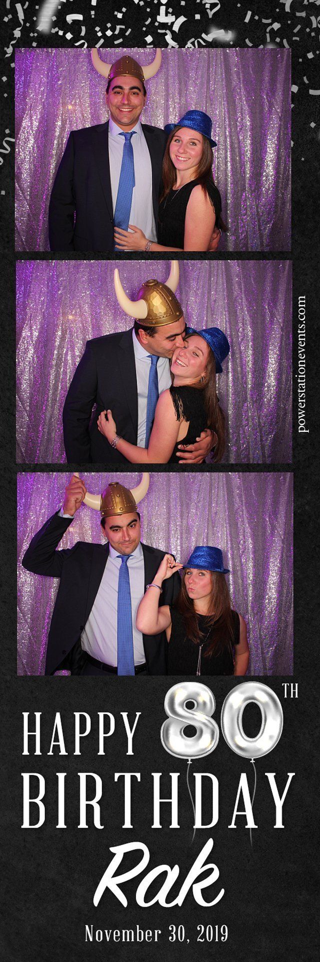 Three photo booth shots at a 60th birthday party with purple curtains and “Happy 60 Birthday Rak” text.