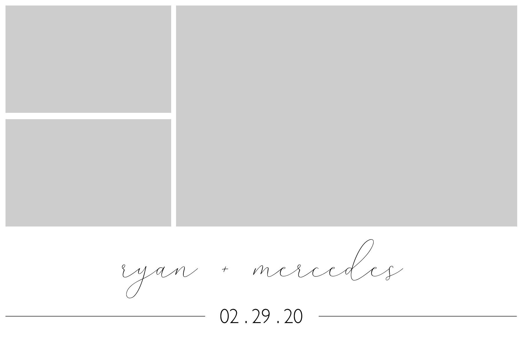 Gray wedding invitation layout with three photo placeholders and cursive names above the date 02.29.20