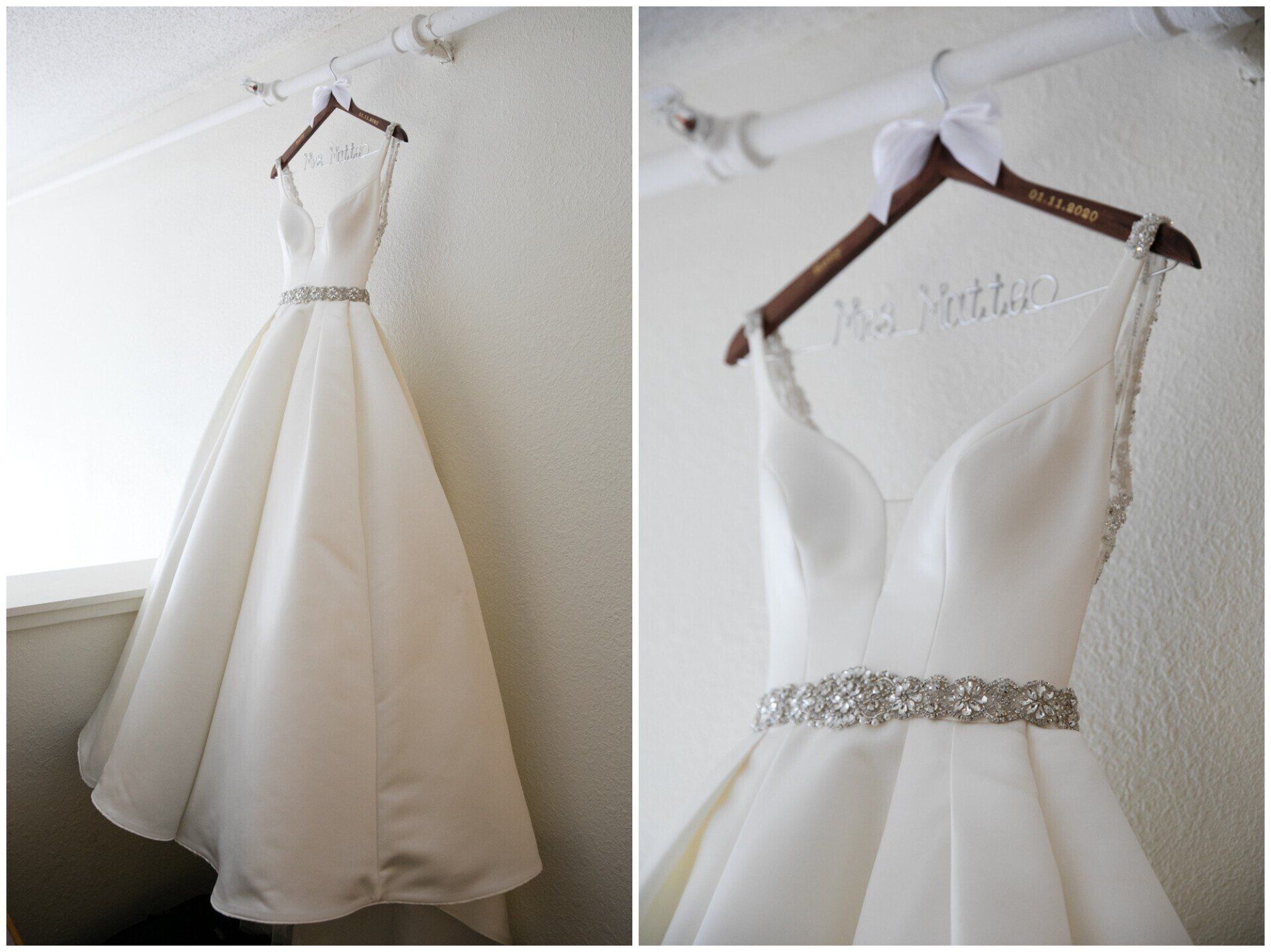 White wedding dress hanging on a wall hook, shown full length and as a close-up of the bodice and beaded waist.