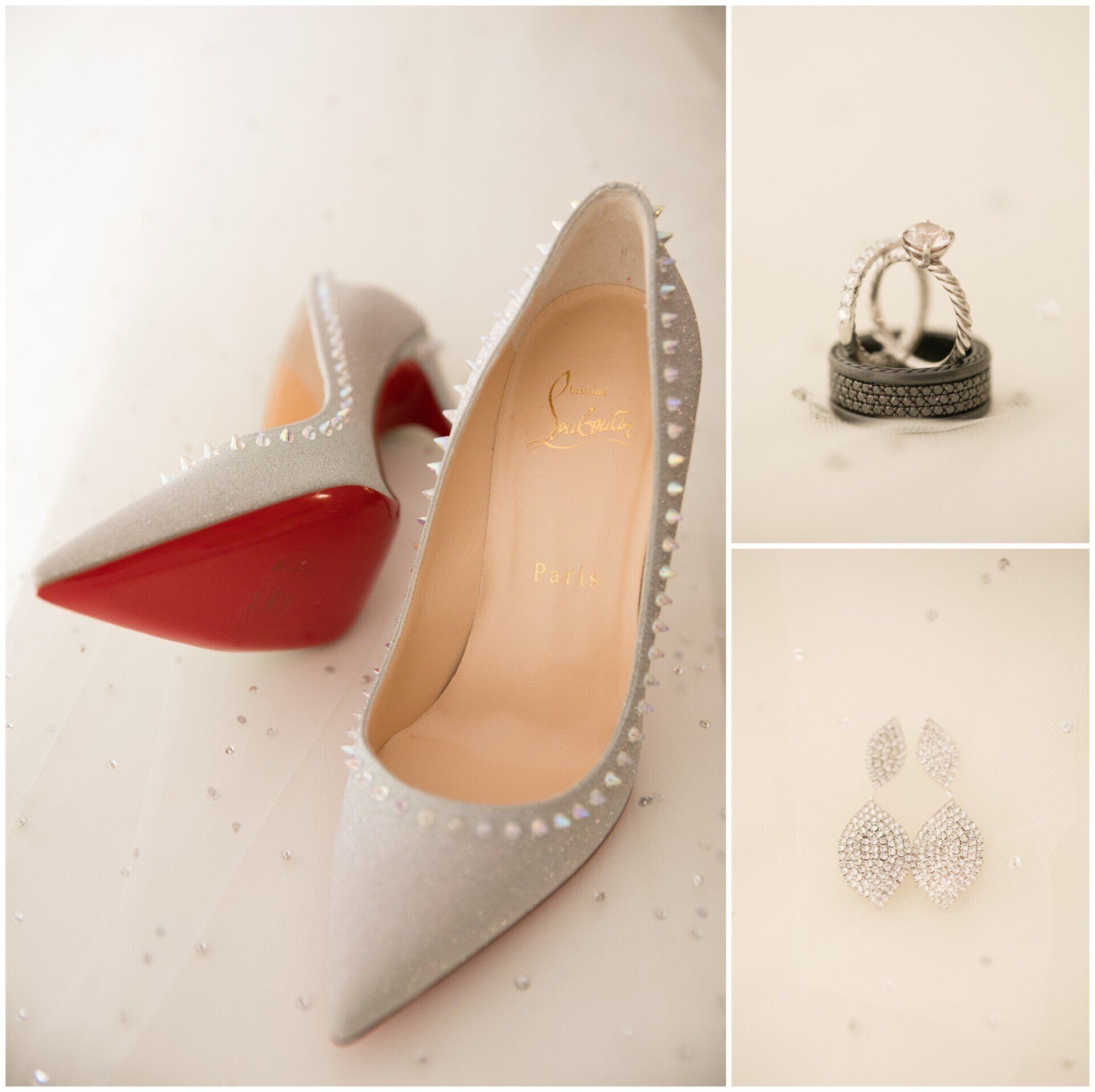 Beige pointed heels with red soles and pearl-studded edges, plus matching accessories on a neutral background