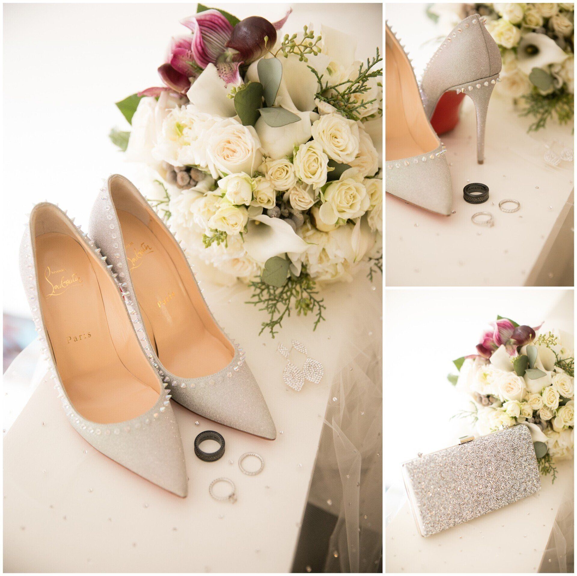 White glitter bridal heels with rings, clutch, and white floral bouquet on a light table.