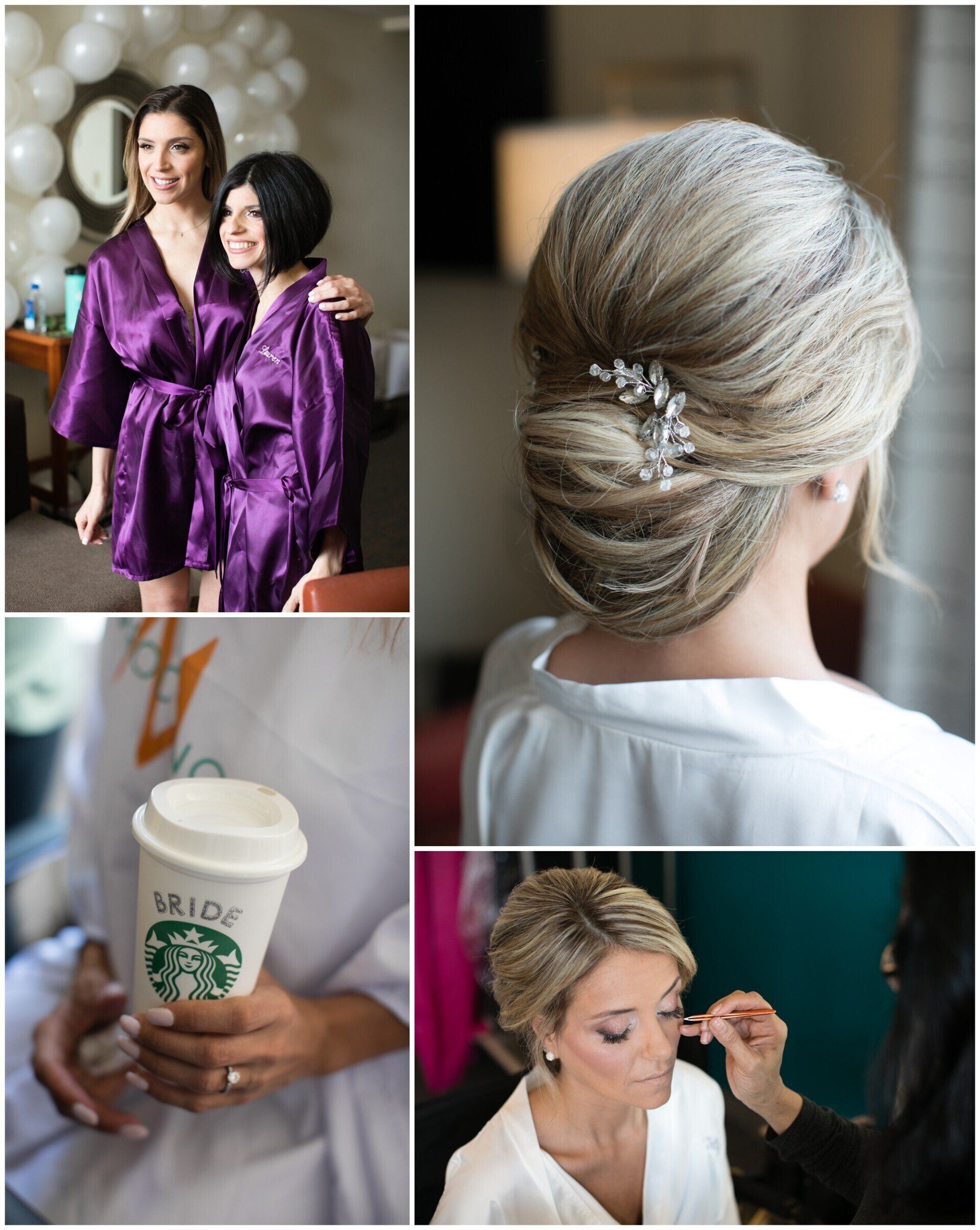 Wedding prep collage: bridesmaid styling, low updo, Starbucks cup, and makeup application.