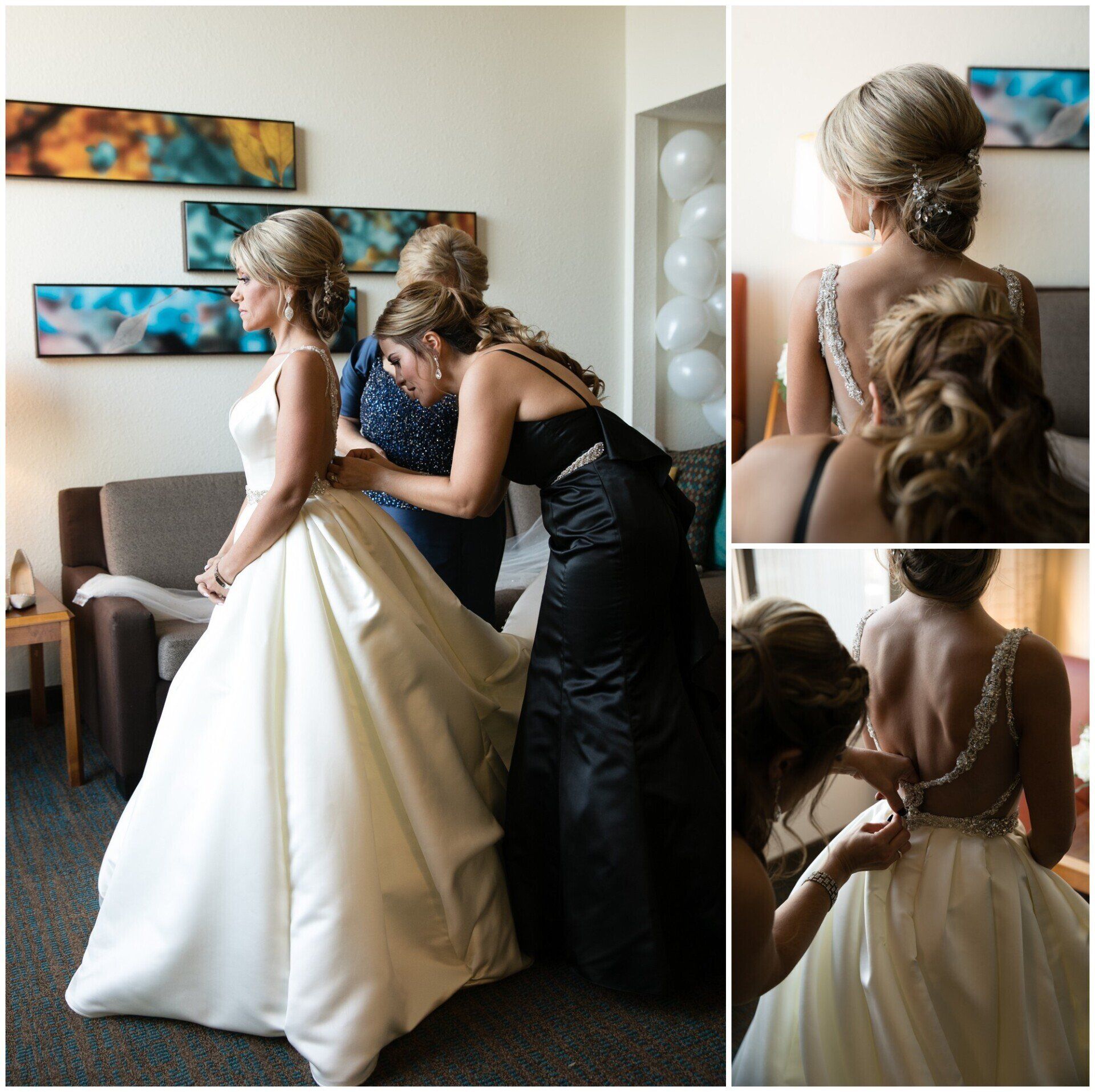 Bridal gown fitting with a seamstress adjusting the back of a white wedding dress in a living room.