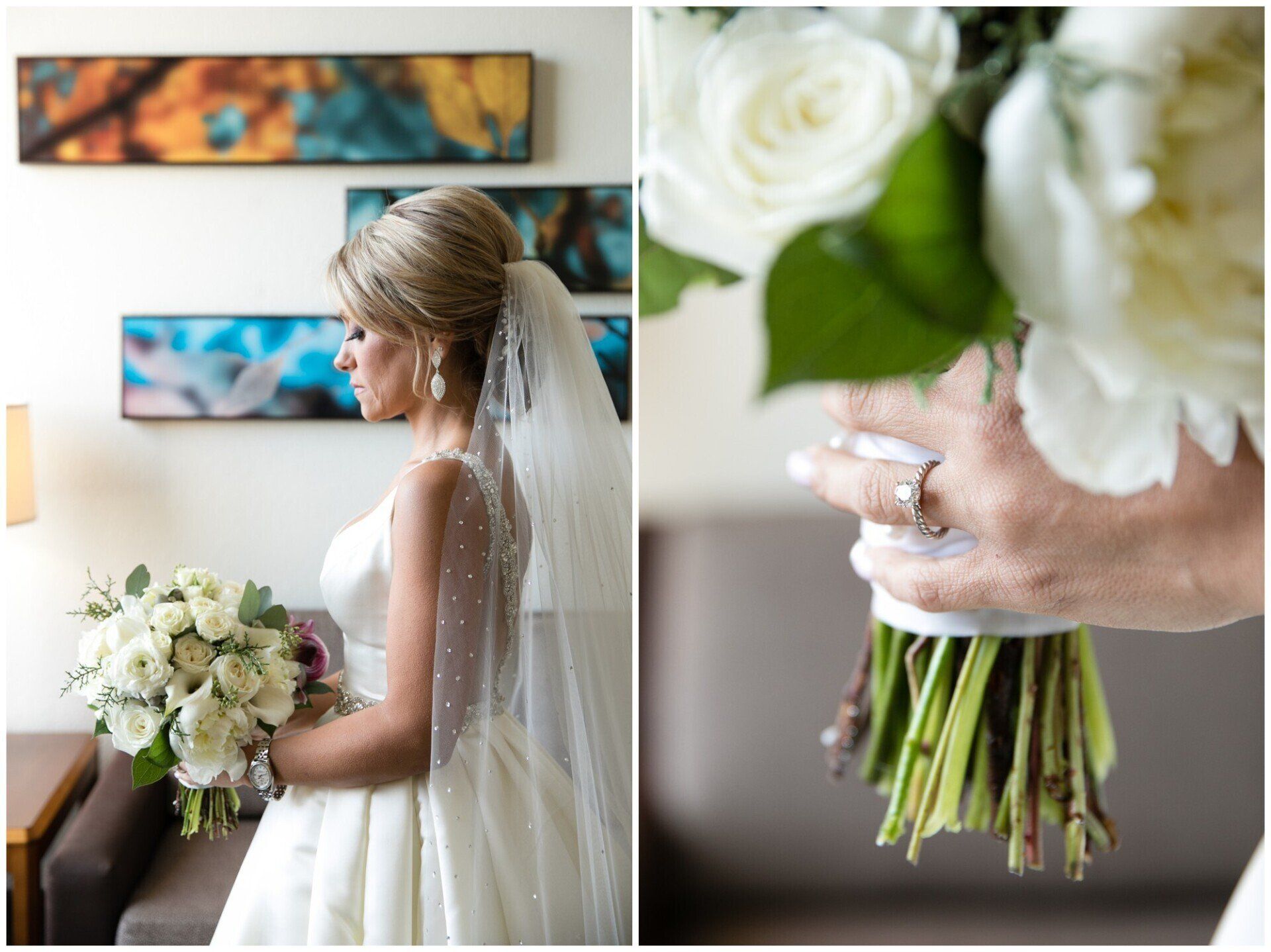 Bride holding bouquet, with close-up of white flowers and jeweled hand detail