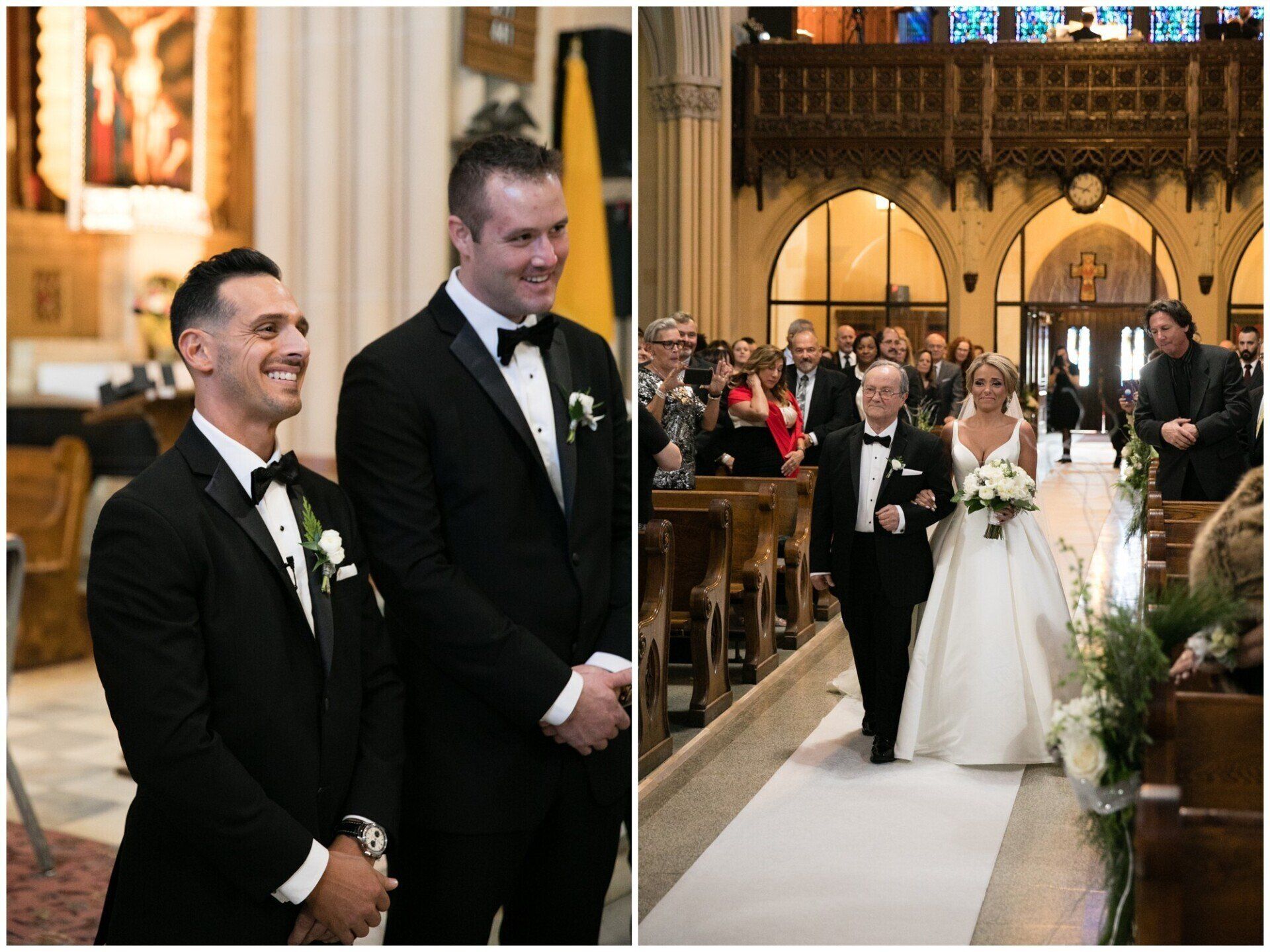 Groom and groomsman in black tuxedos at a church wedding, with the bride entering the aisle in the background