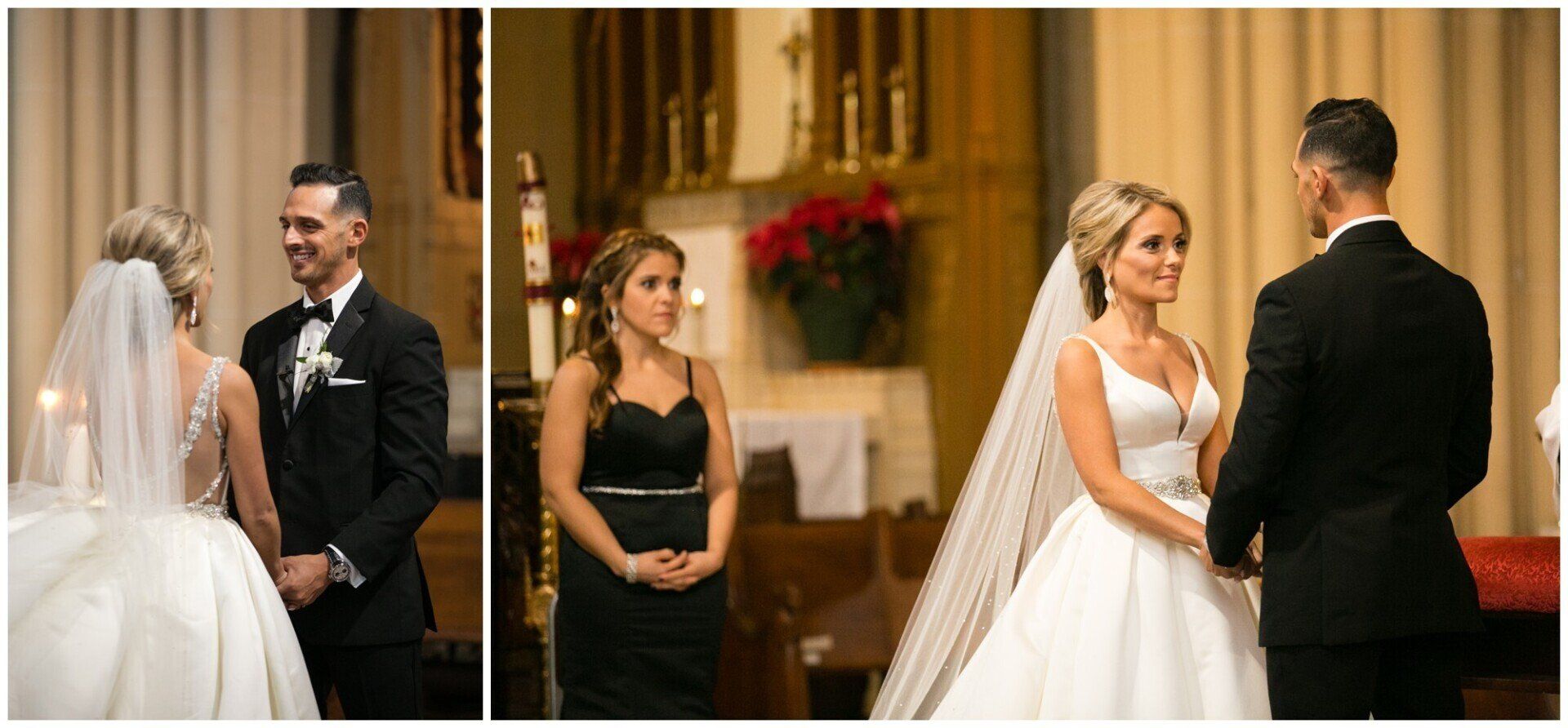 Bride and groom exchanging vows at a wedding ceremony, with guests standing nearby inside a church.