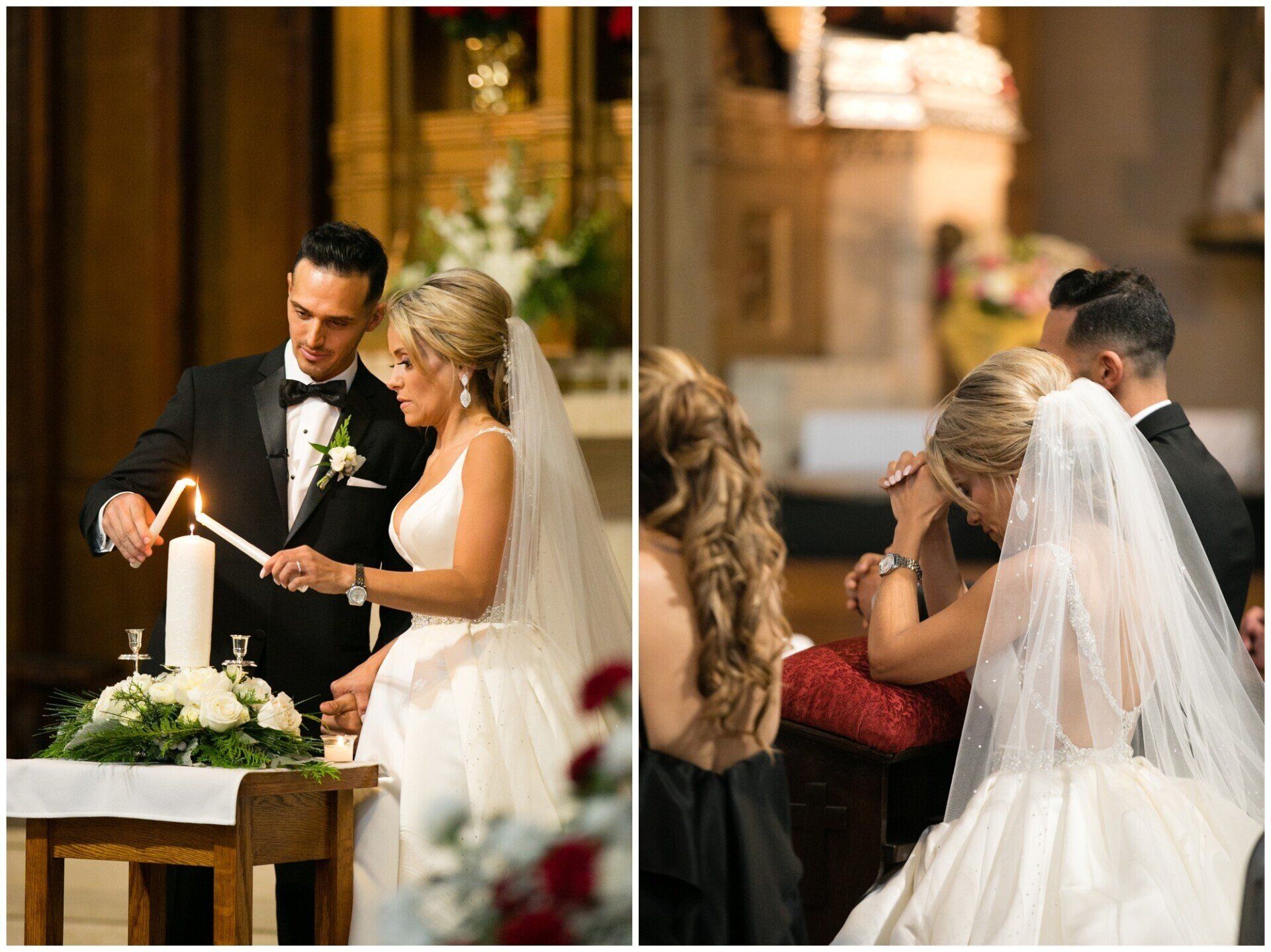 Wedding ceremony with bride and groom lighting candles beside seated guests