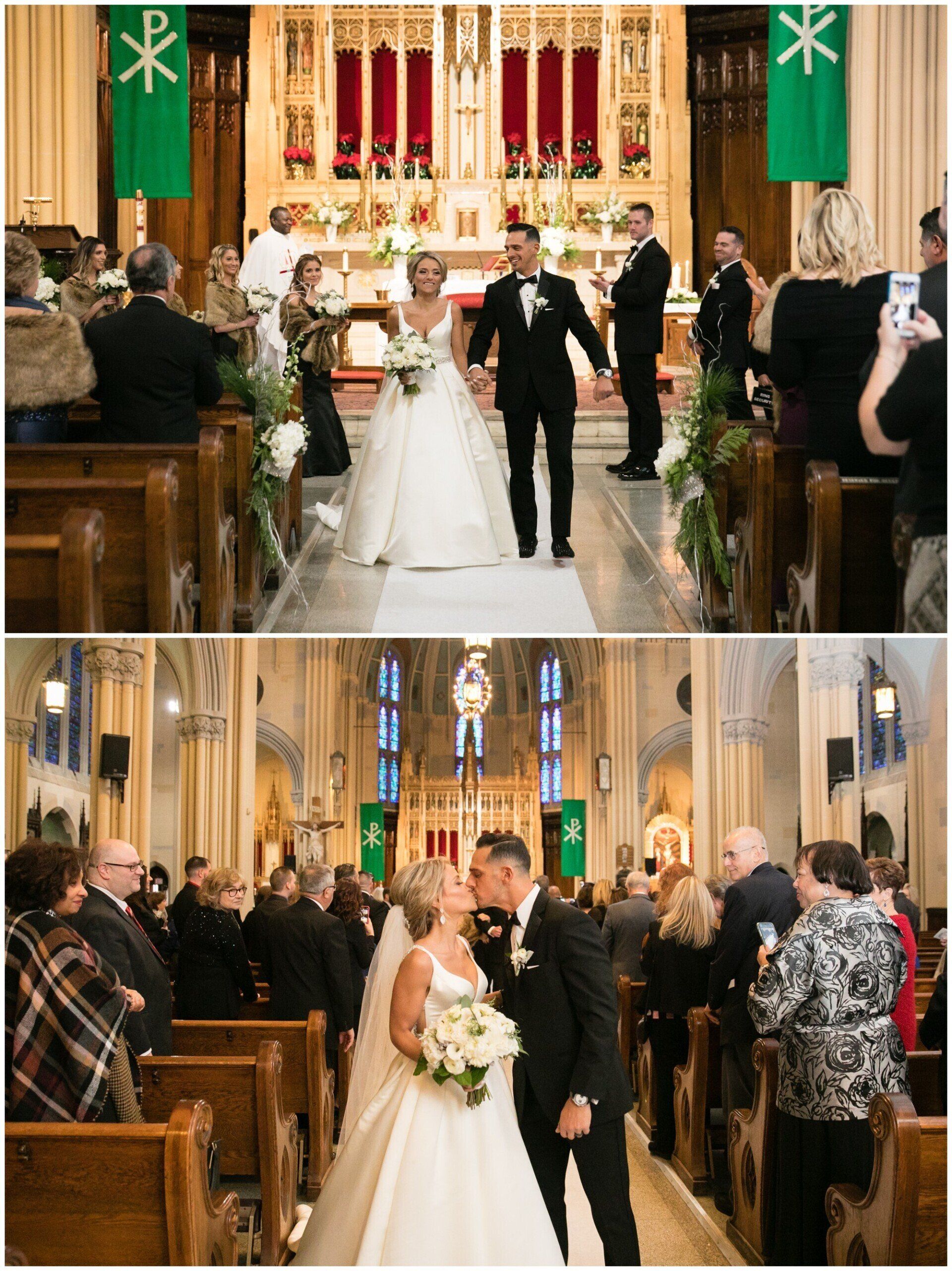 Bride and groom walking down the church aisle with guests watching on both sides