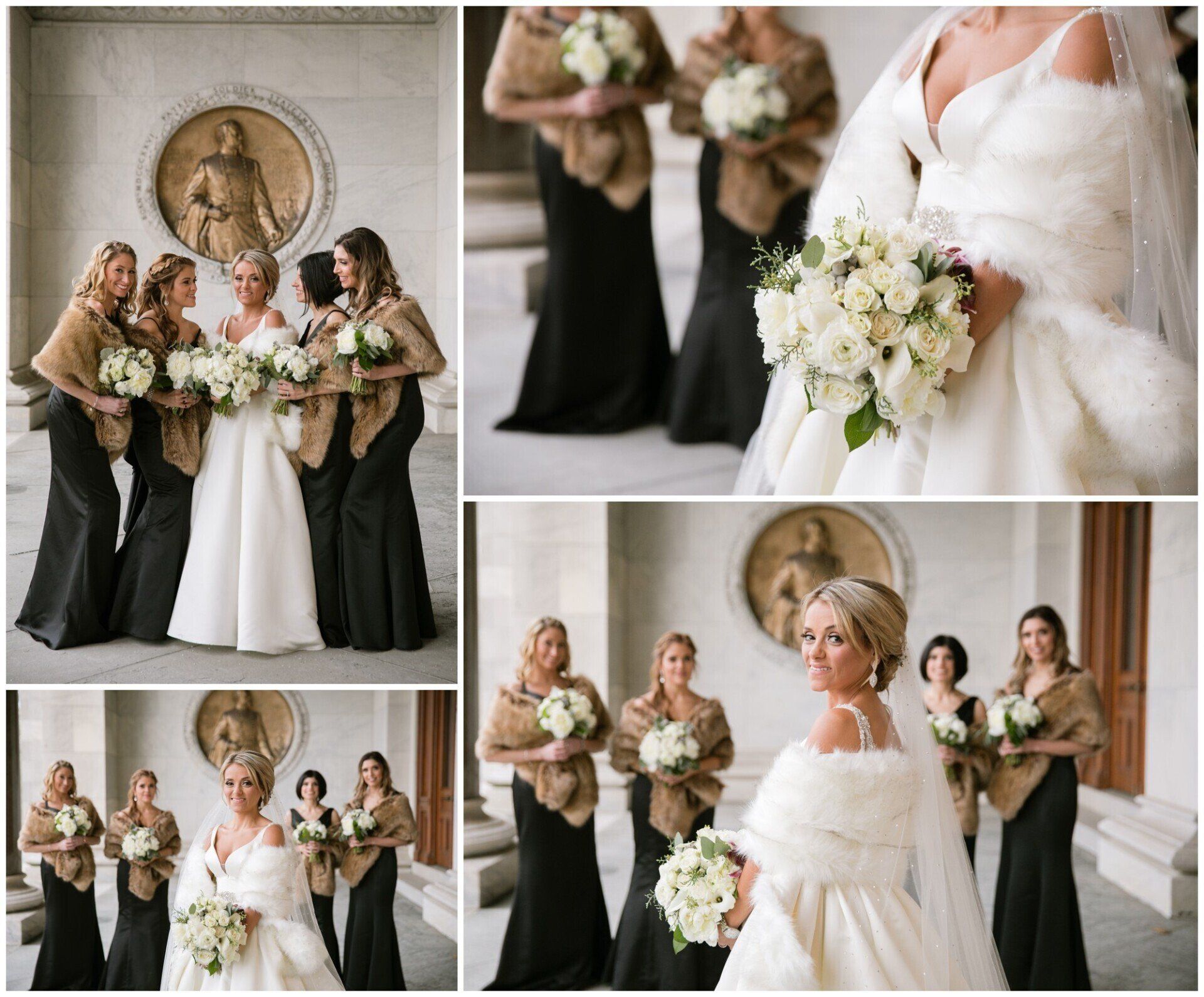 Wedding party in black and white dresses posing with bouquets in a bright church.