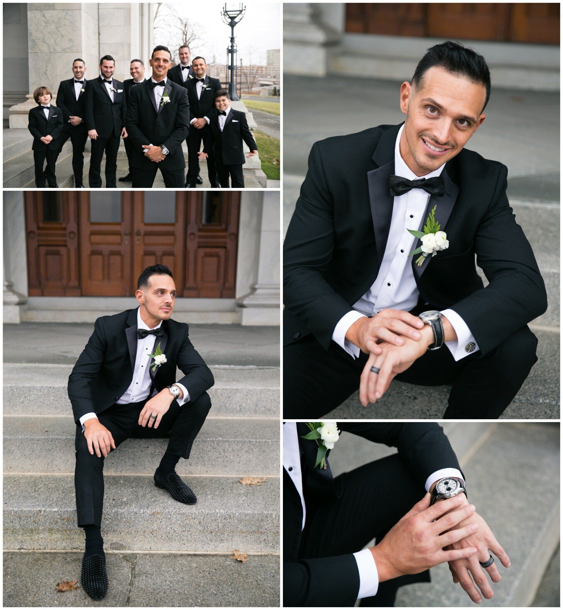 Man in black tuxedo poses on church steps, with wedding party and close-up details in a photo collage