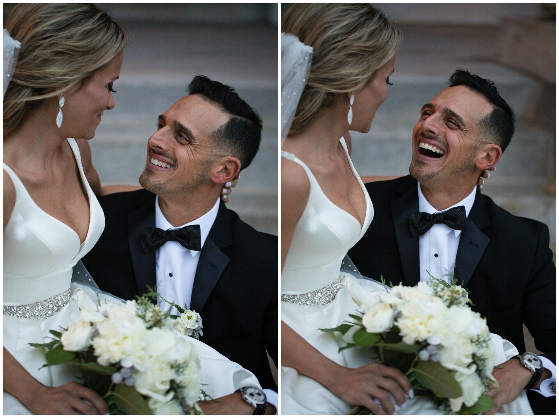 Bride and groom smiling at each other during a wedding, holding a white bouquet