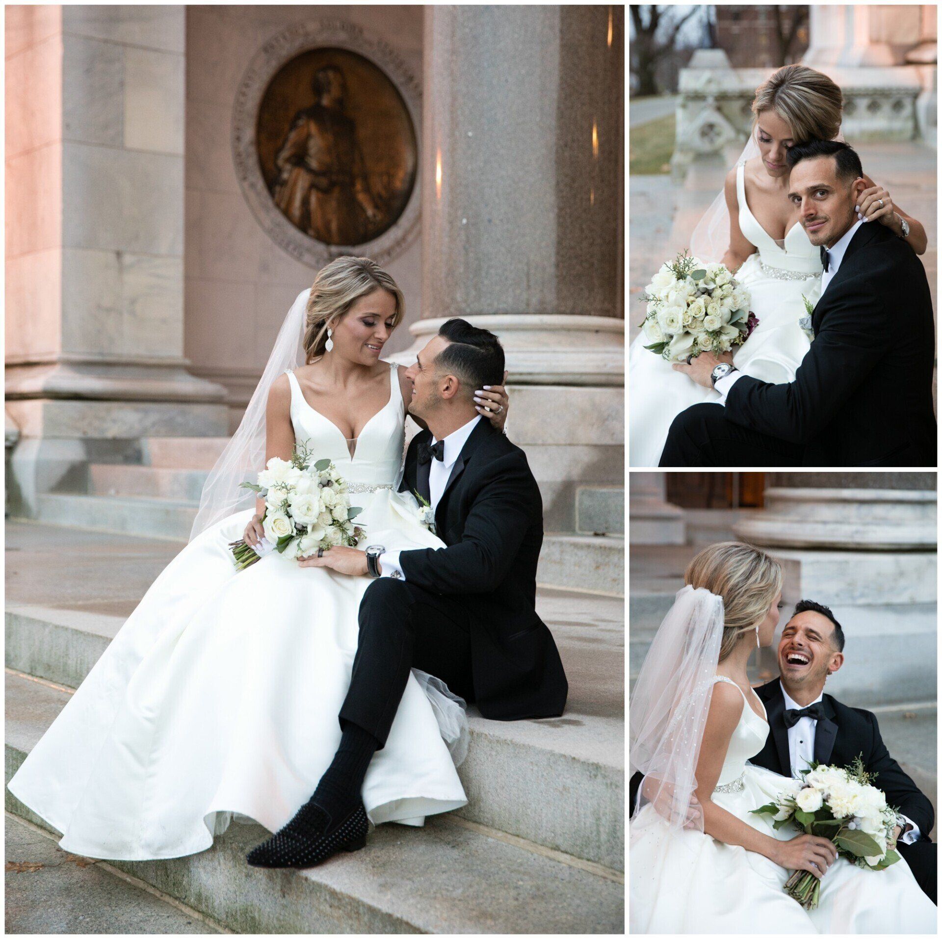 Bride and groom in formalwear sharing a joyful moment on stone steps with wedding bouquet