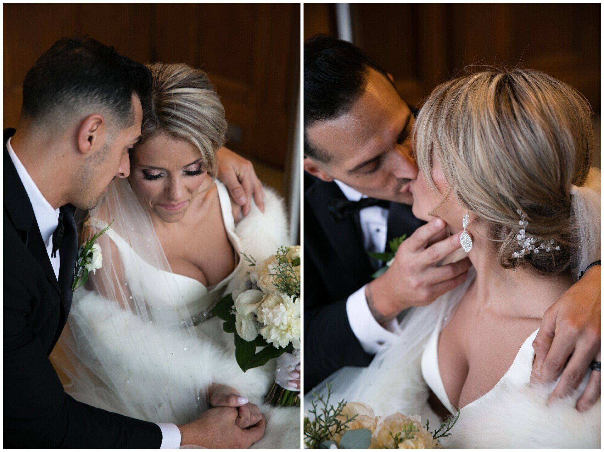 Bride and groom sharing an intimate wedding moment, close together with bouquet and veil visible