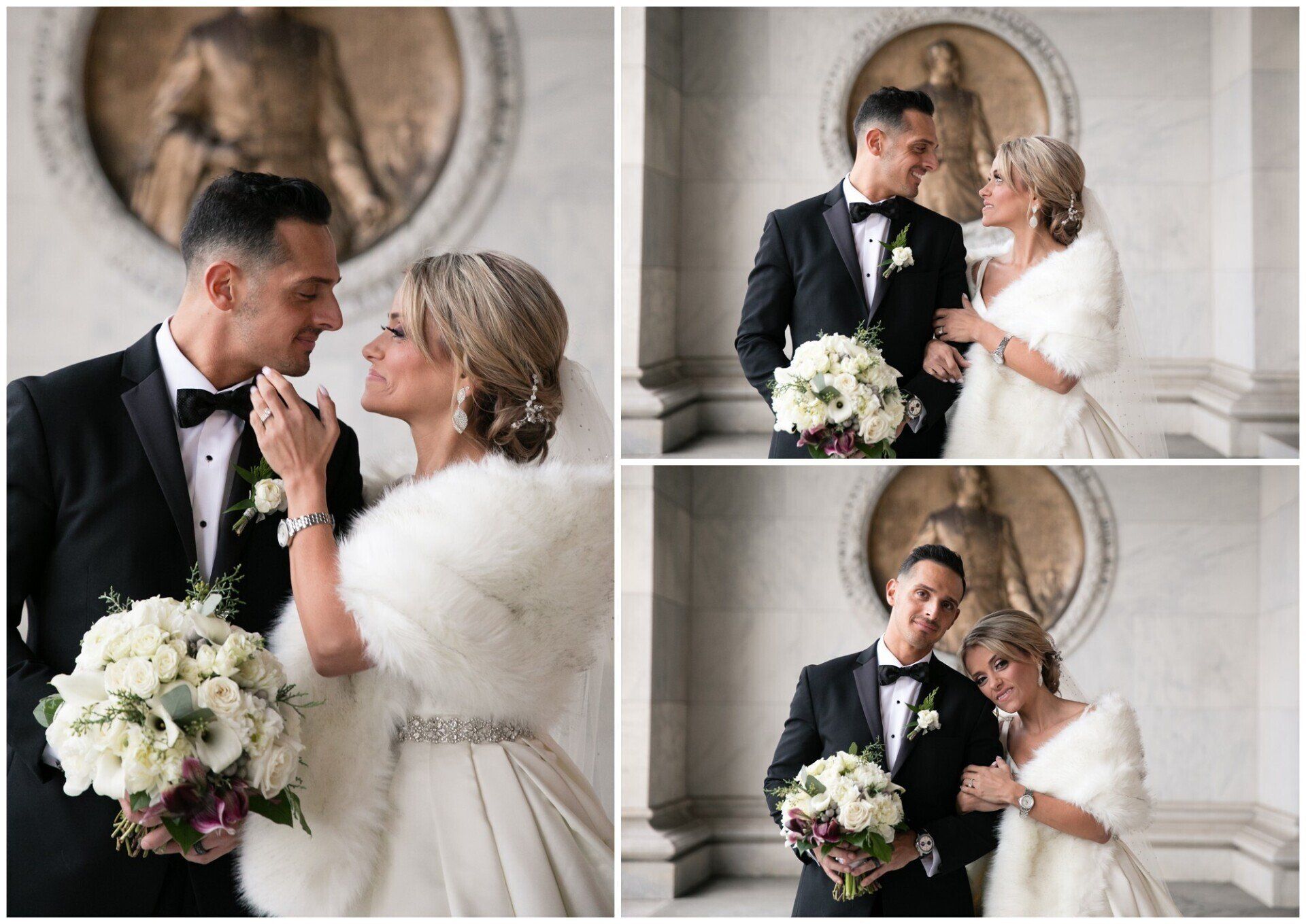 Wedding couple posing with bouquet in a marble hall, shown in three romantic close-up portraits