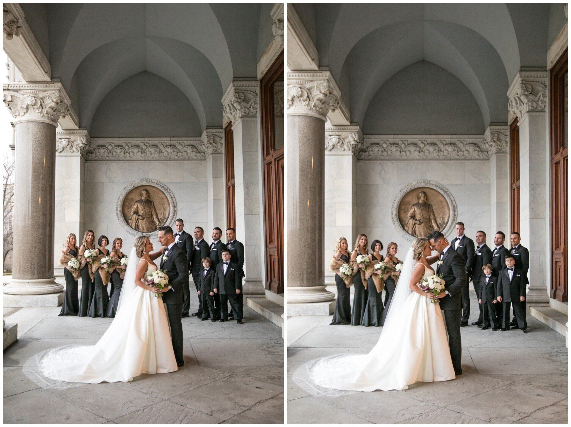 Wedding couple posing with guests in a grand stone hall, shown side by side as a split-screen comparison