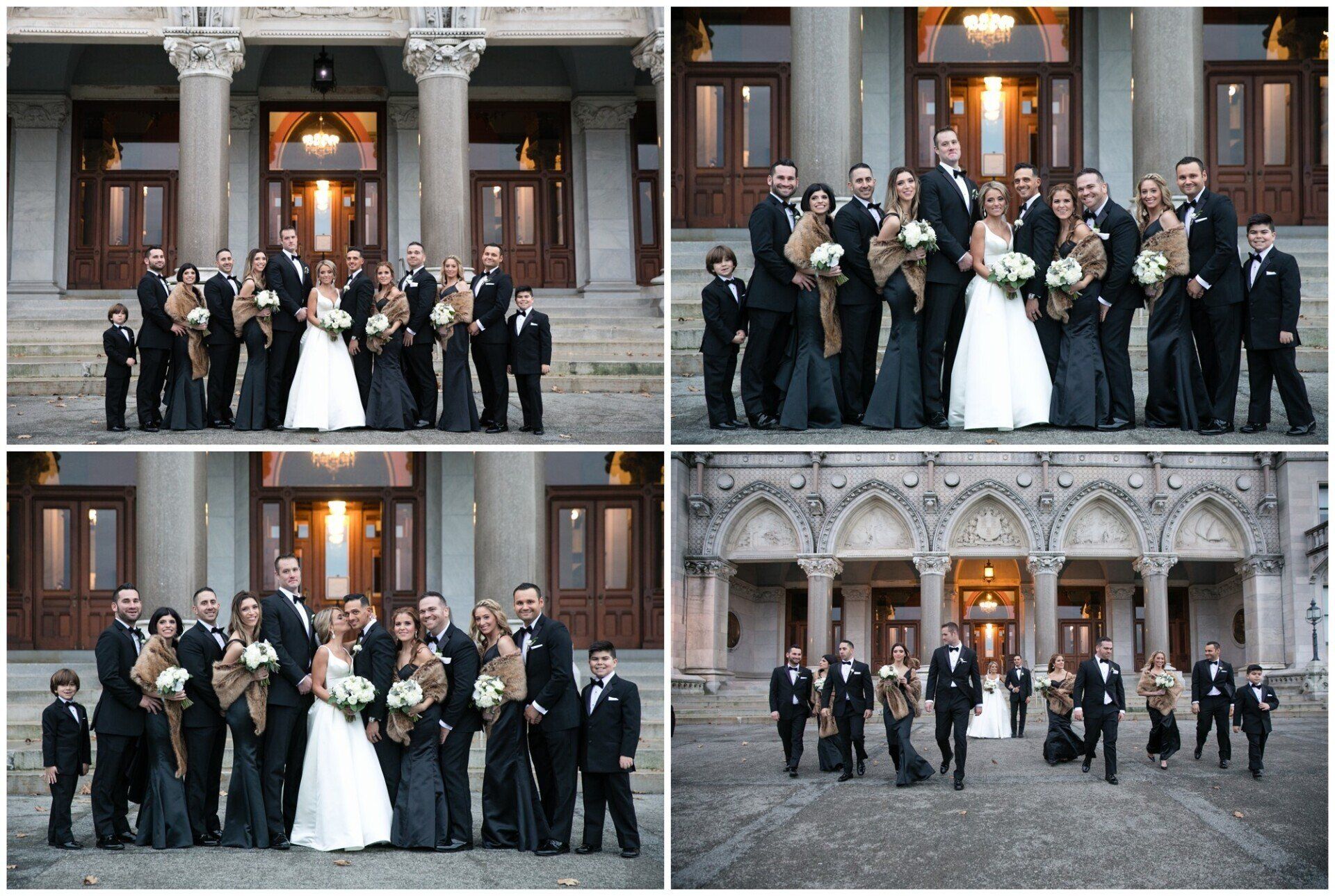 Wedding party posing outside ornate building in four-panel collage, with bride in white and guests in black suits