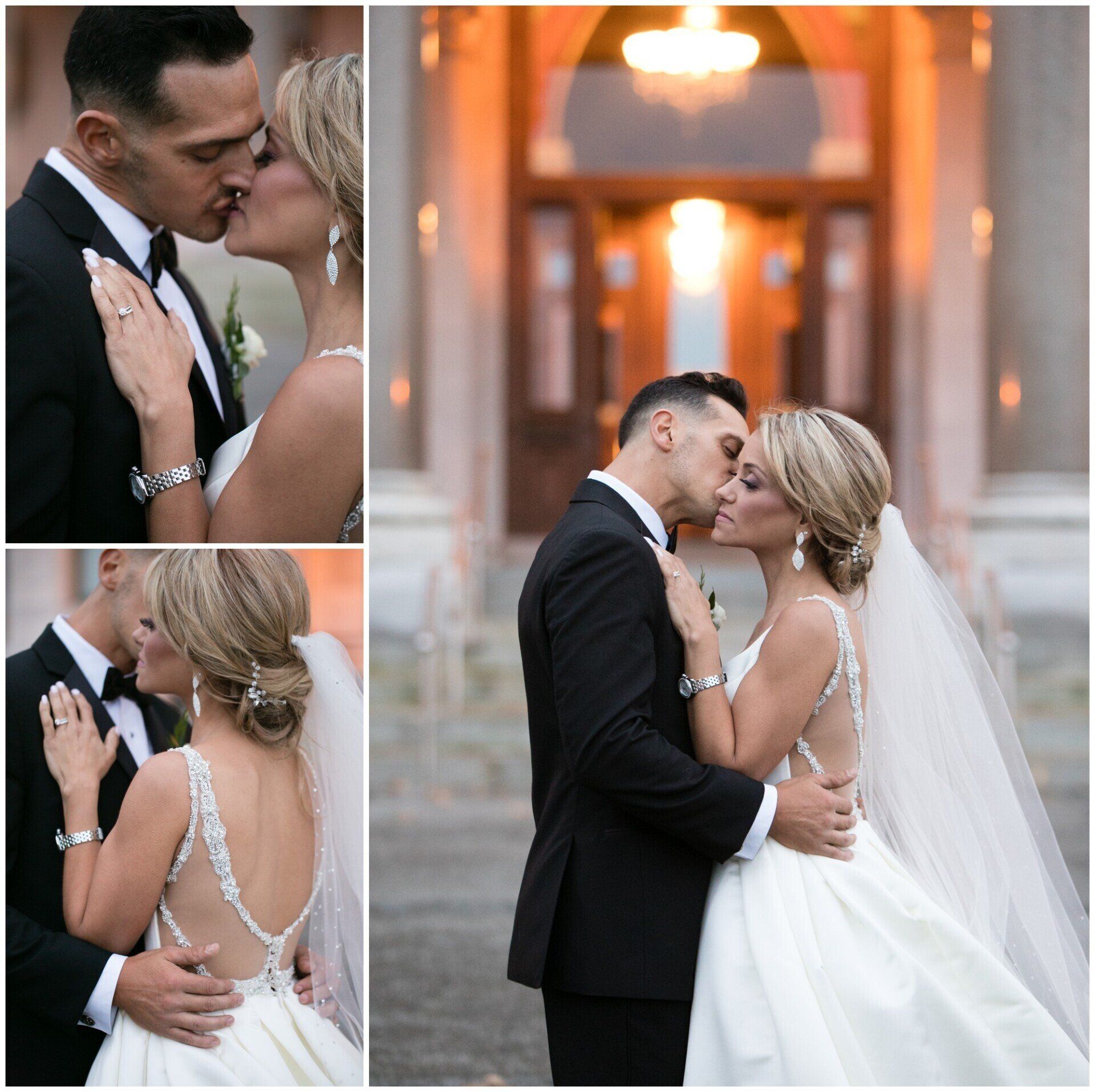 Bride and groom kiss in a wedding photo collage, with the bride’s beaded gown and veil visible.