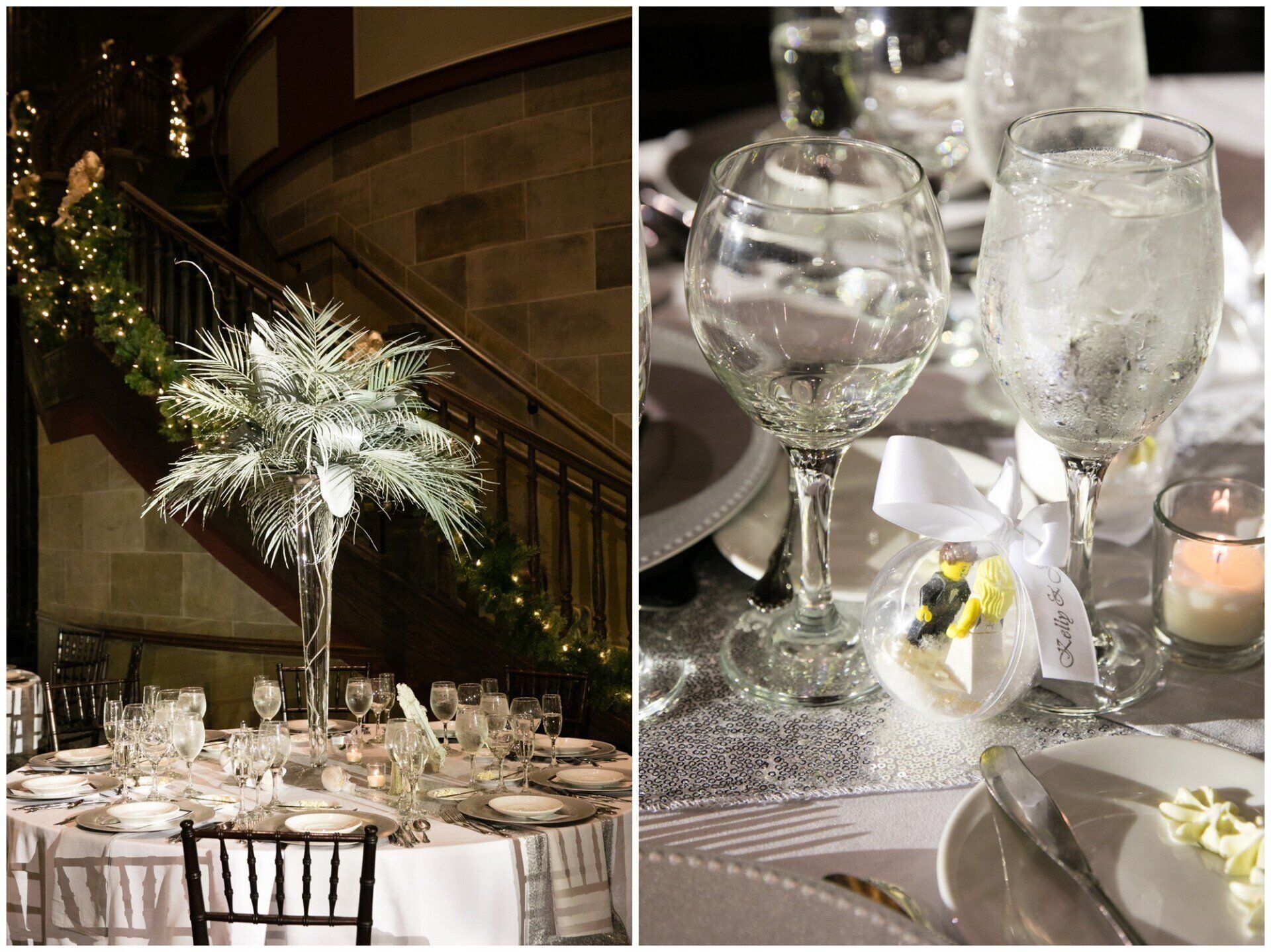 Elegant banquet table with white floral centerpiece and crystal glassware at a formal event
