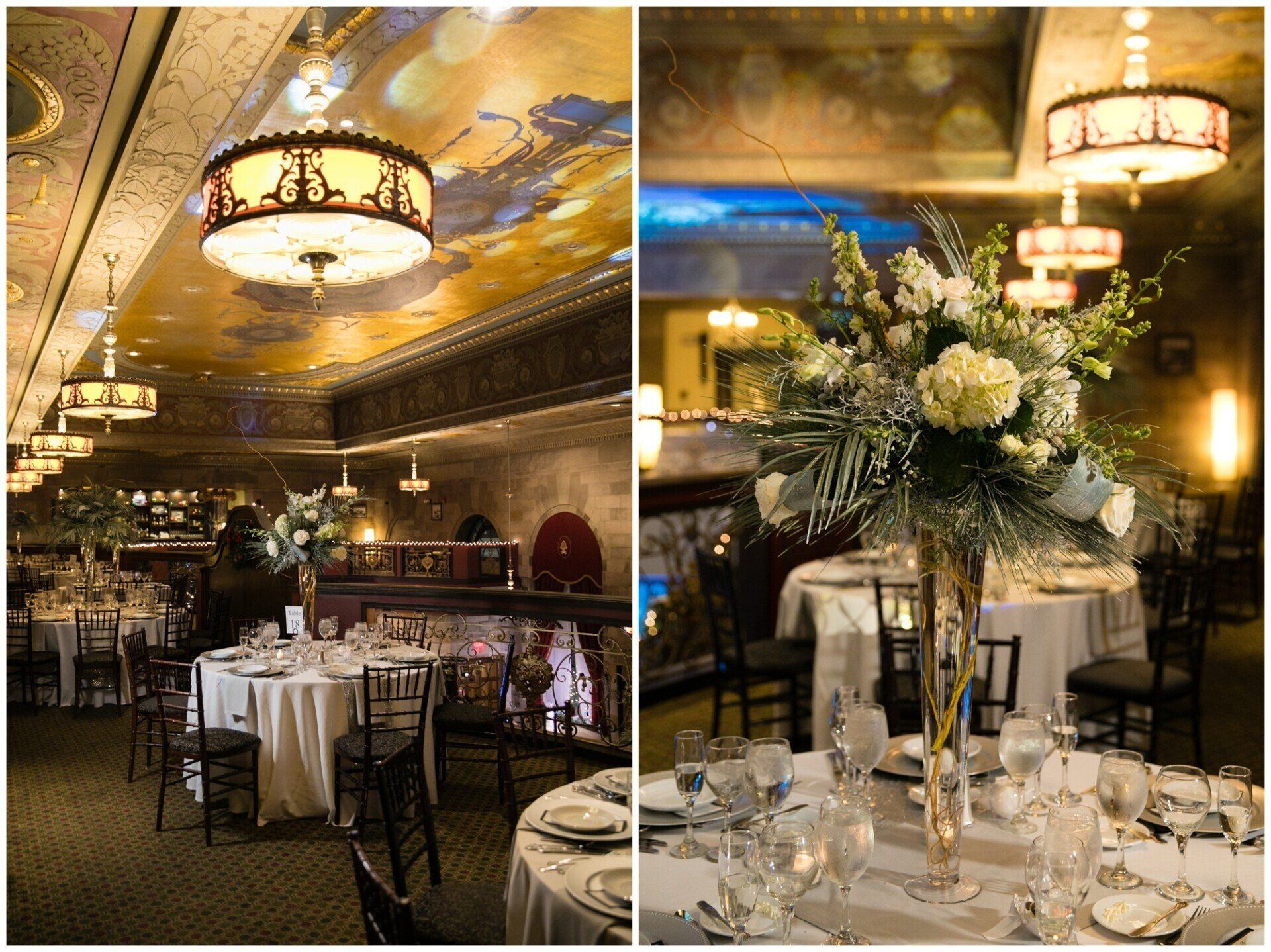 Elegant banquet hall with ornate ceiling, chandeliers, and white table settings with floral centerpieces