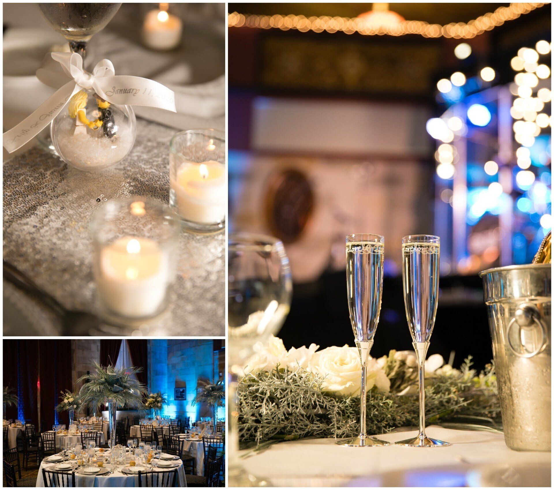 Elegant wedding reception table with champagne flutes, candles, white florals, and warm fairy lights
