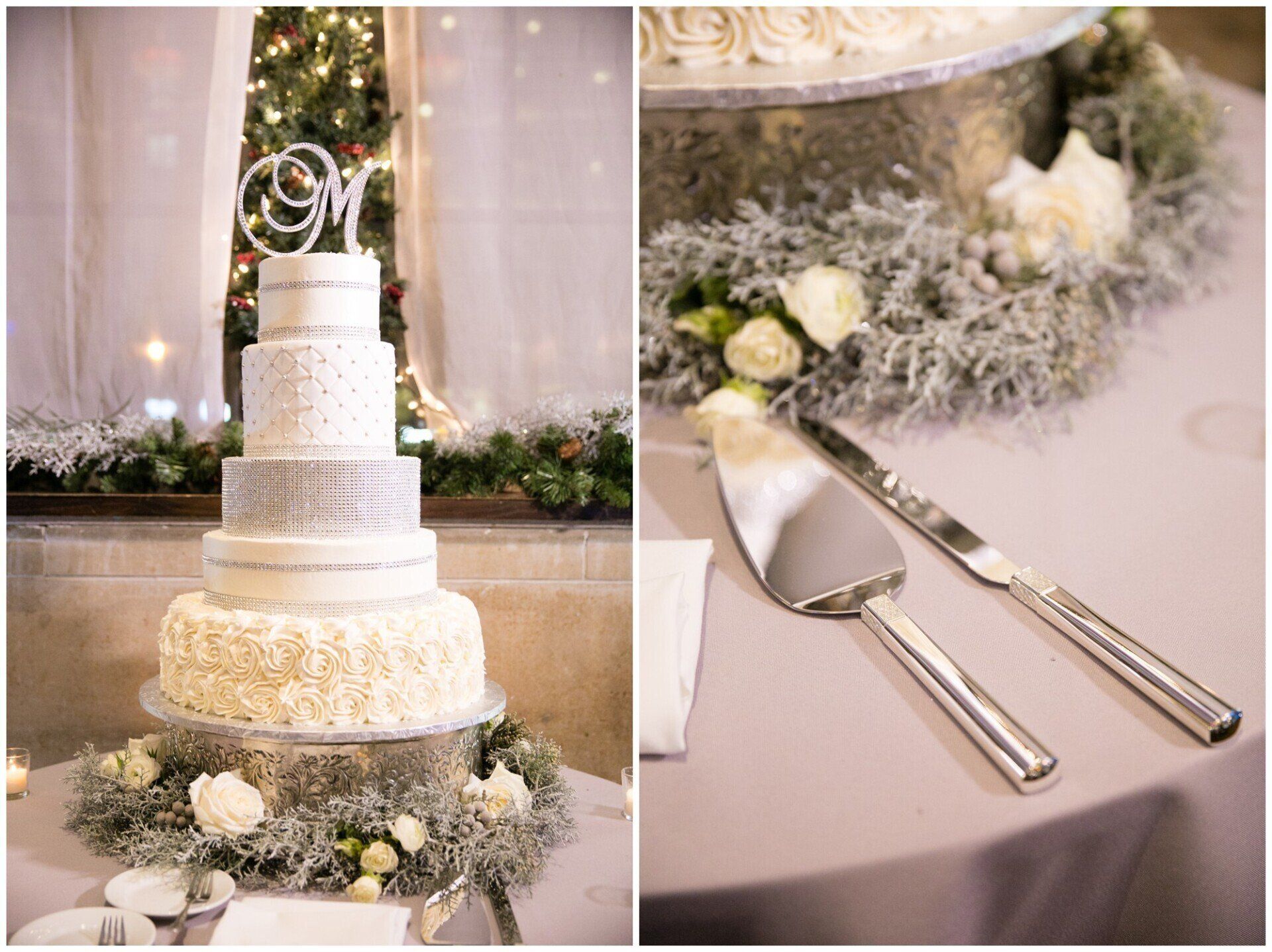 Elegant white tiered wedding cake with floral decor and silver cake server and knife on a table
