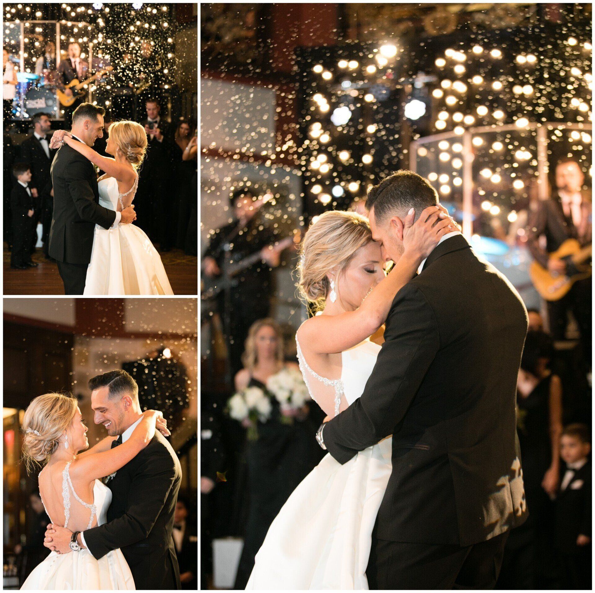 Bride and groom dancing closely under sparkling lights at a wedding reception