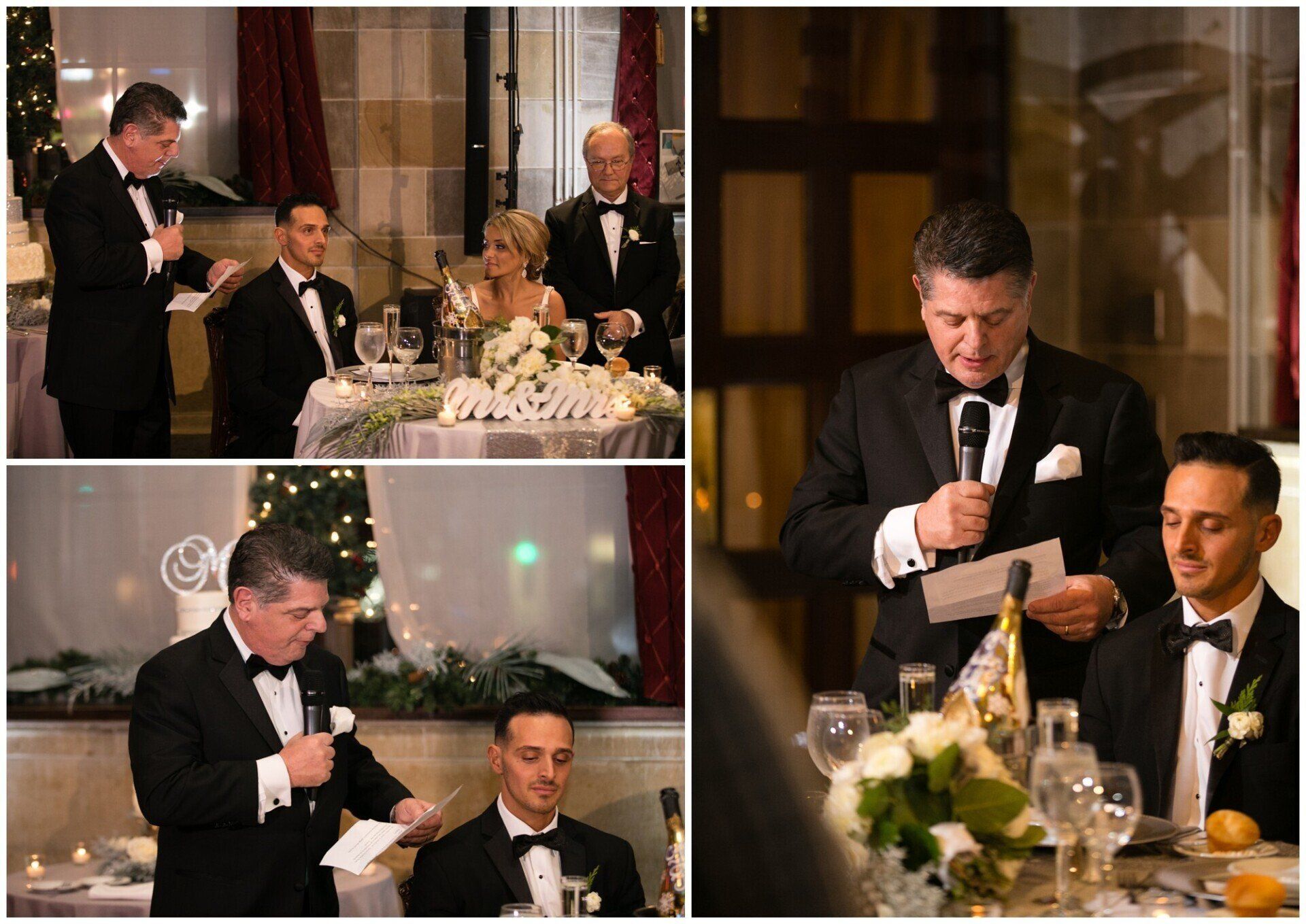Three-panel wedding reception photos with a man giving a toast and guests seated at a decorated table