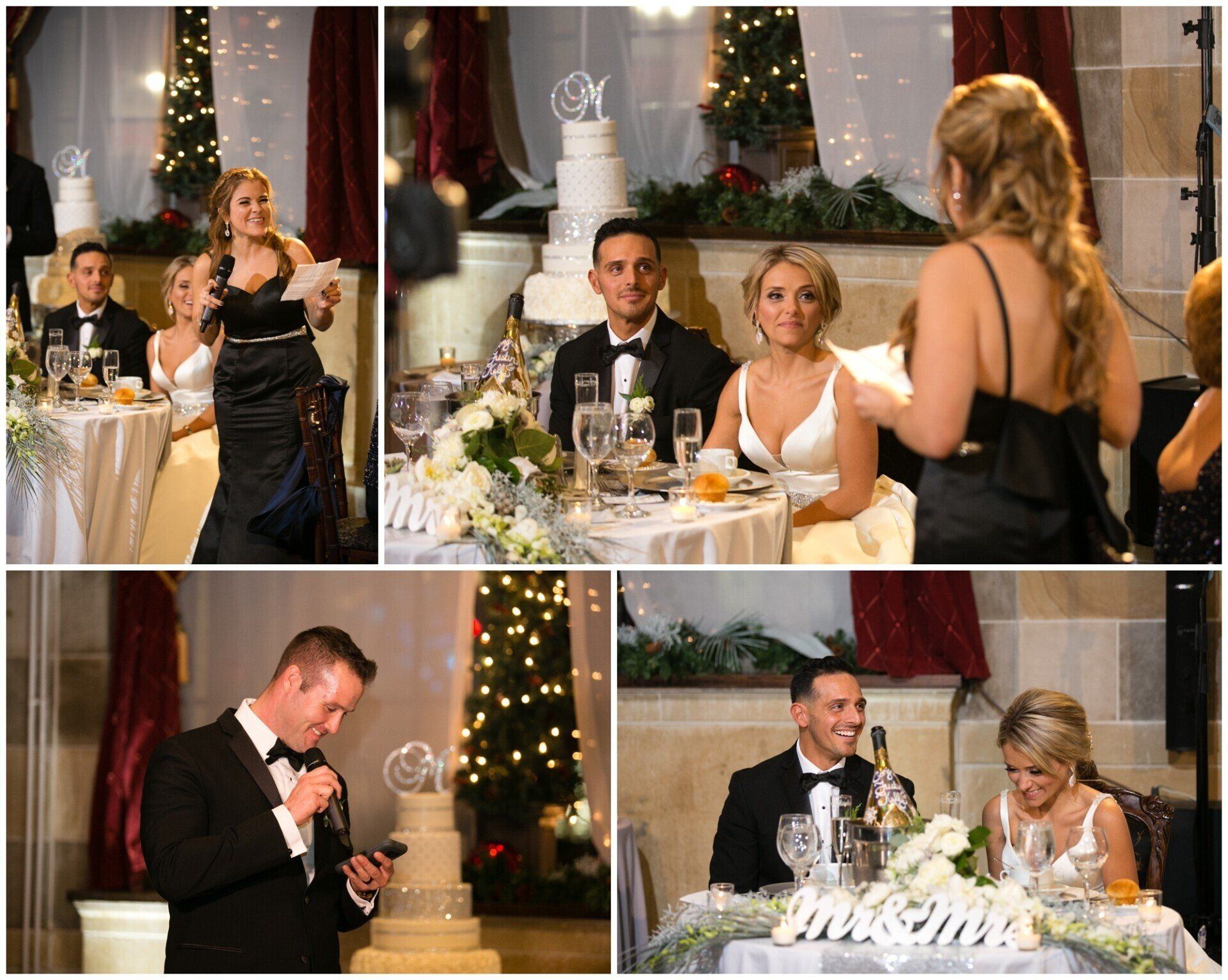 Wedding reception collage with guests giving speeches and toasting at a decorated banquet table