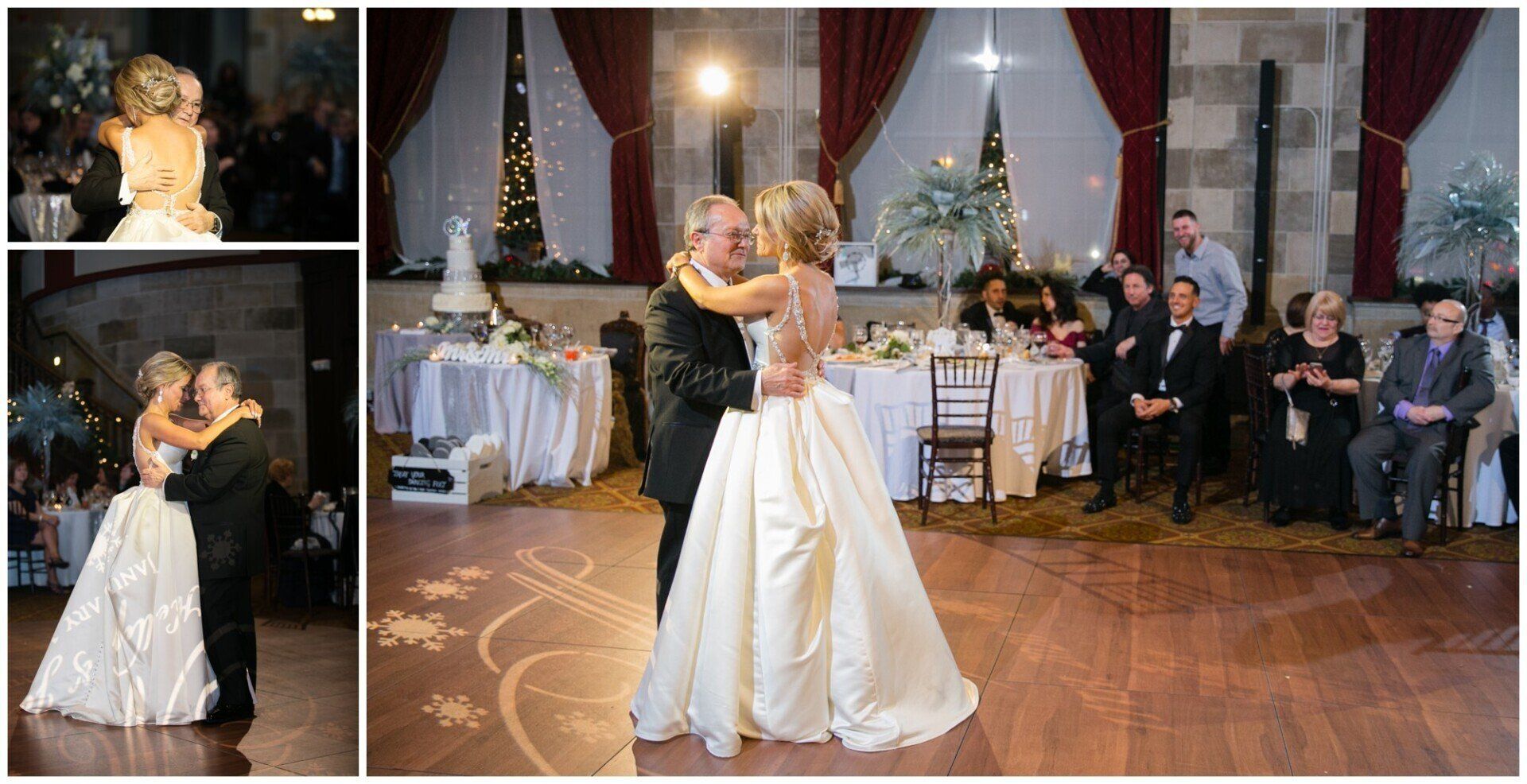 Bride and groom slow dance at a wedding reception in a decorated hall as guests watch.