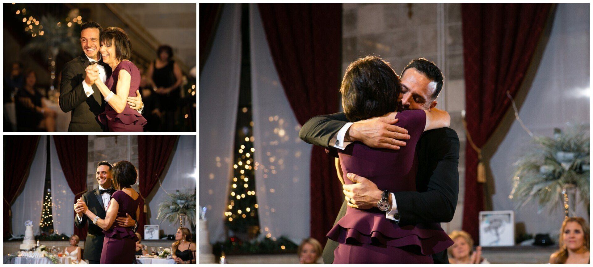 Couple embracing and dancing at a formal event, with string lights and draped windows in the background