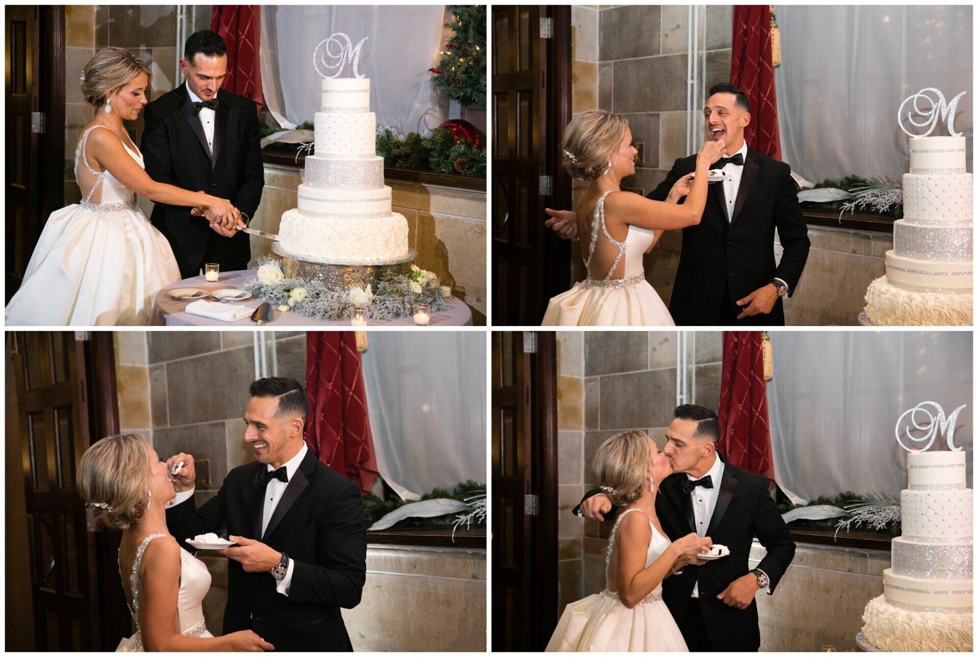 Bride and groom cut their wedding cake and feed each other in a four-panel collage